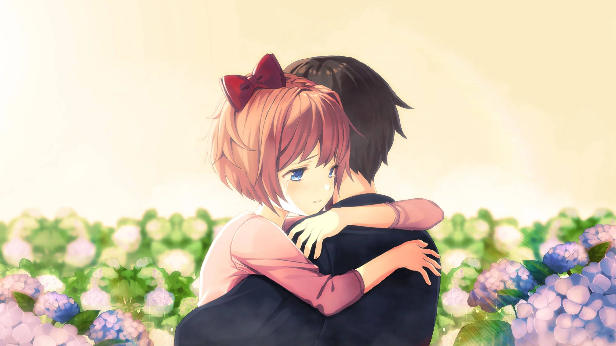 Kumbatio la Anime kwenye Bustani ya Maua Picha ya Ukuta