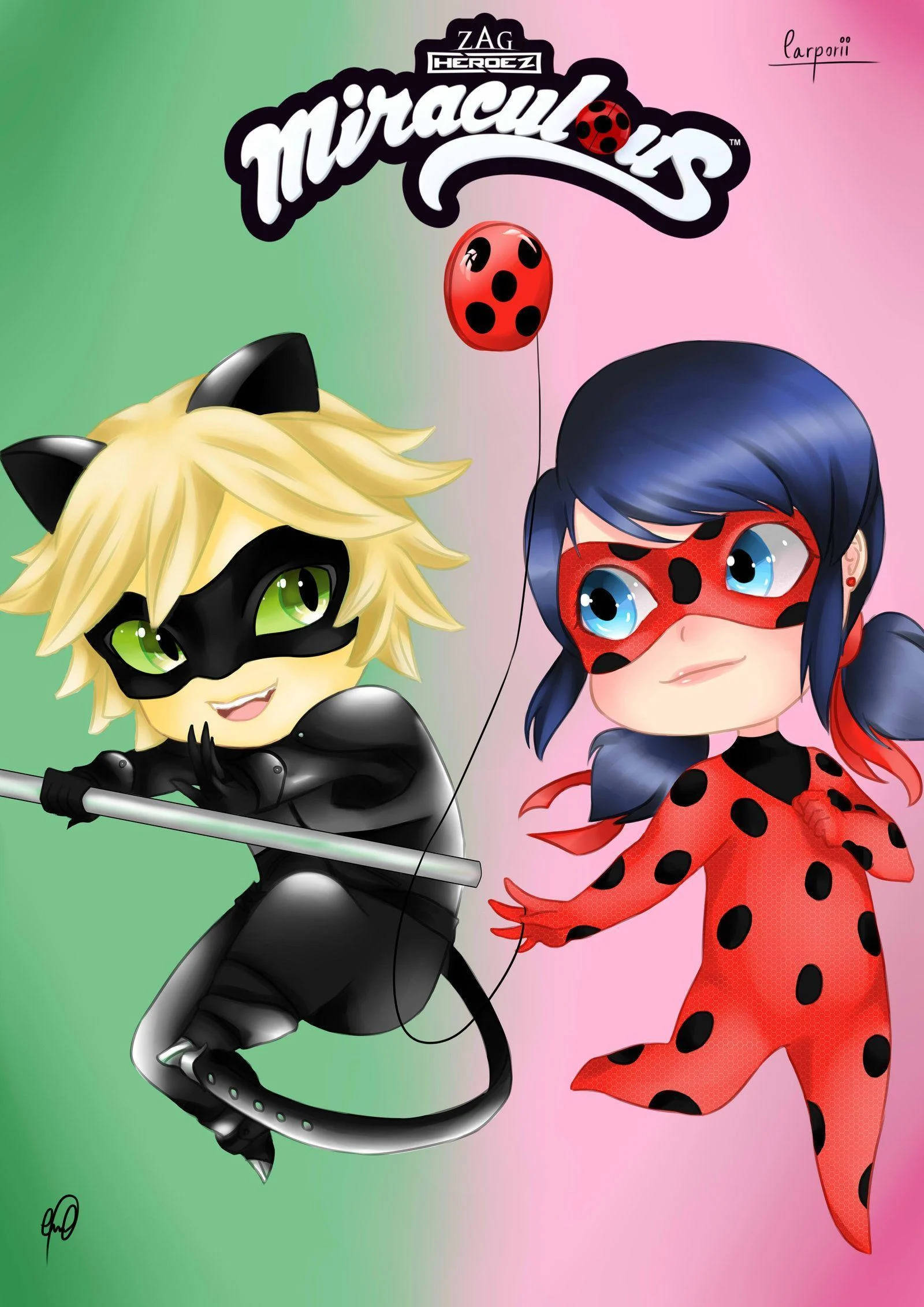 Kumbusu kwa Ladybug na Cat Noir Mtindo wa Chibi Picha ya Ukuta
