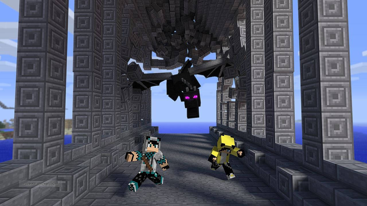 Kundi la viumbe hasimu linamkimbiza mchezaji kutoka kijiji cha Minecraft. Picha ya Ukuta