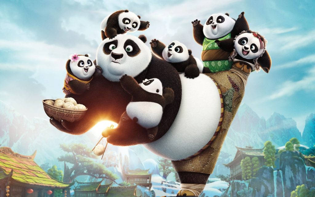 Kung Fu Panda Akiwa Ameshika Watoto Wengi wa Panda Picha ya Ukuta