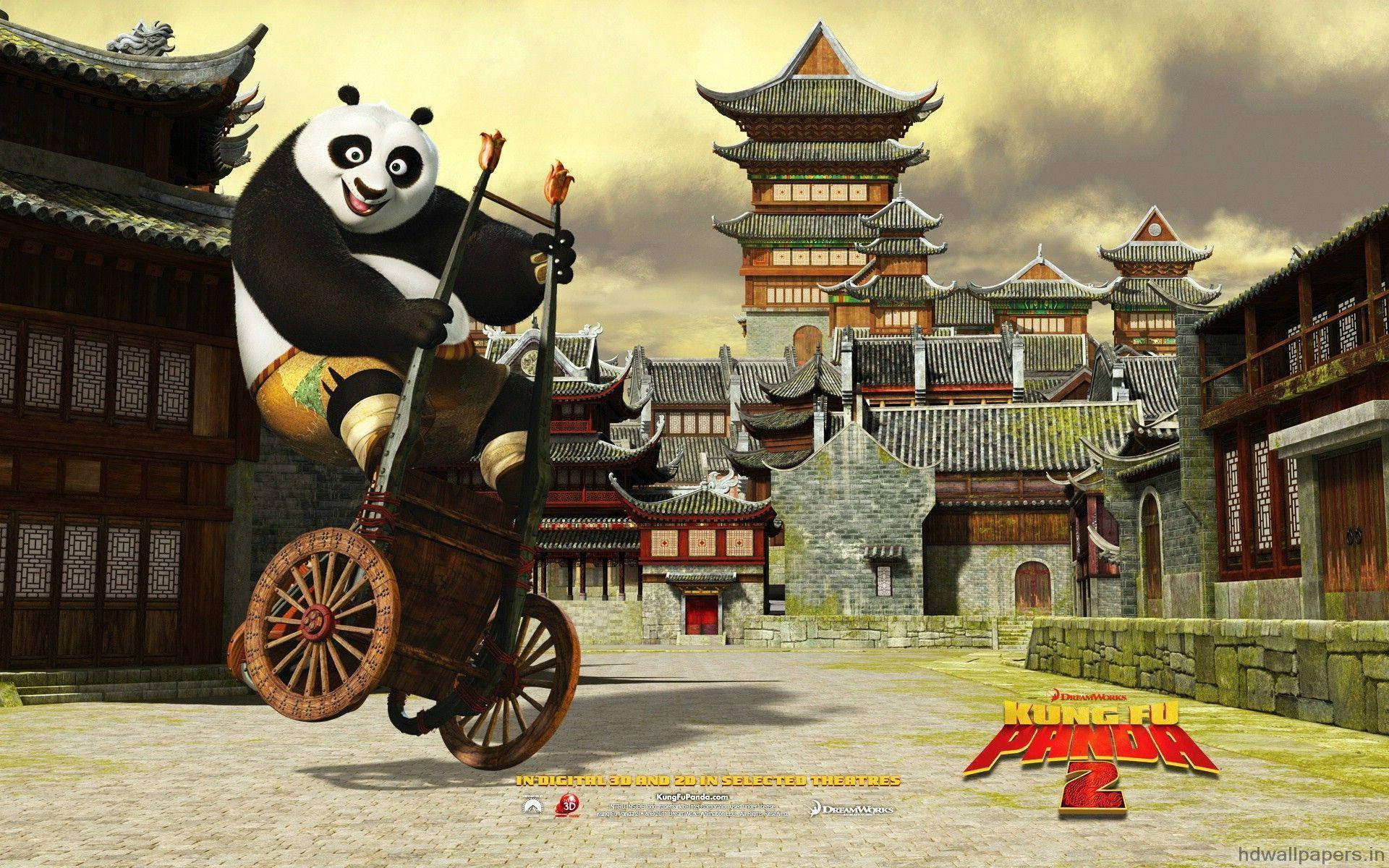 Kung Fu Panda Akiteleza Kwa Mkokoteni Picha ya Ukuta