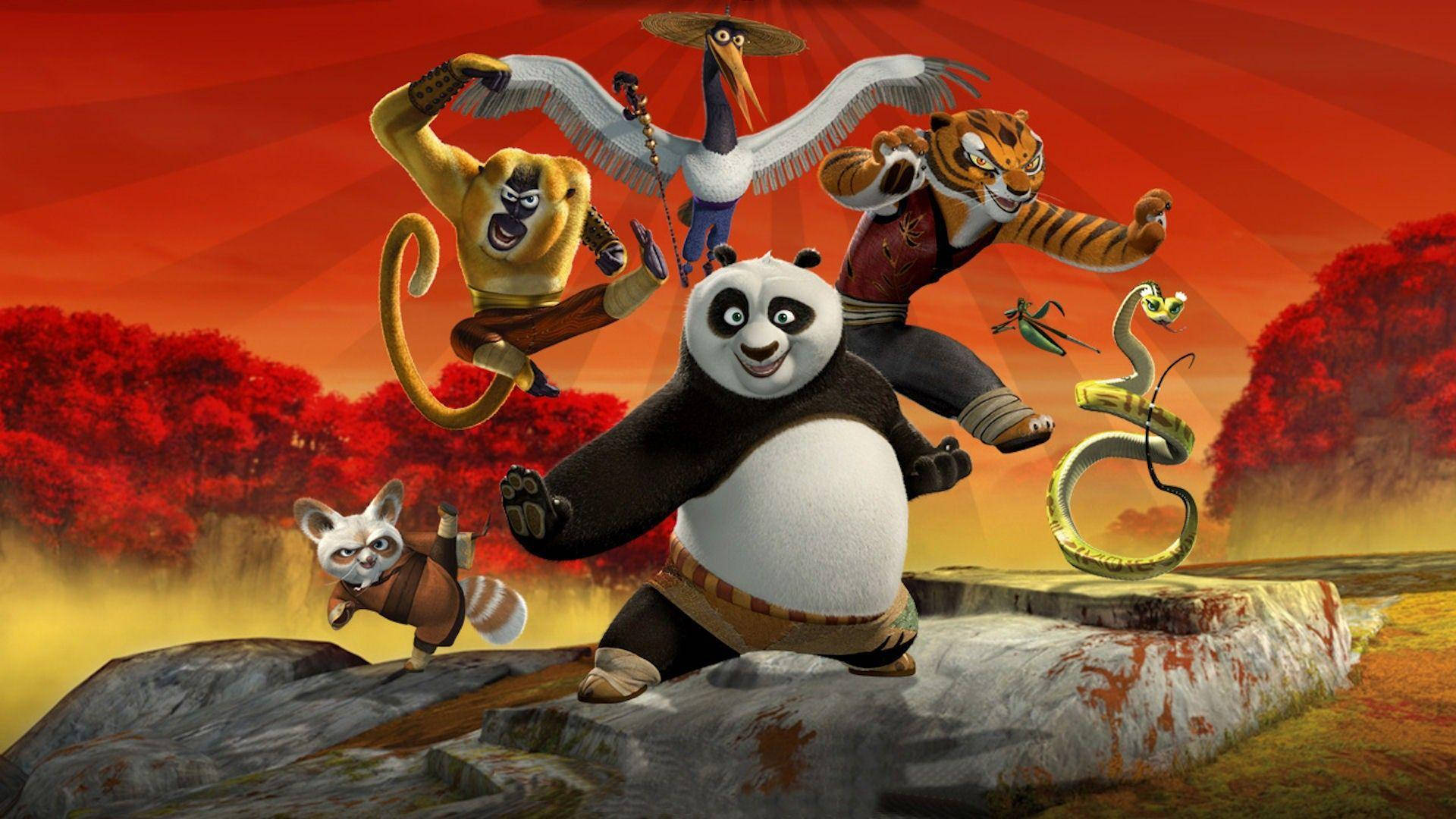 Kung Fu Panda na Wale Watano Wenye Hasira Wakijipanga Picha ya Ukuta