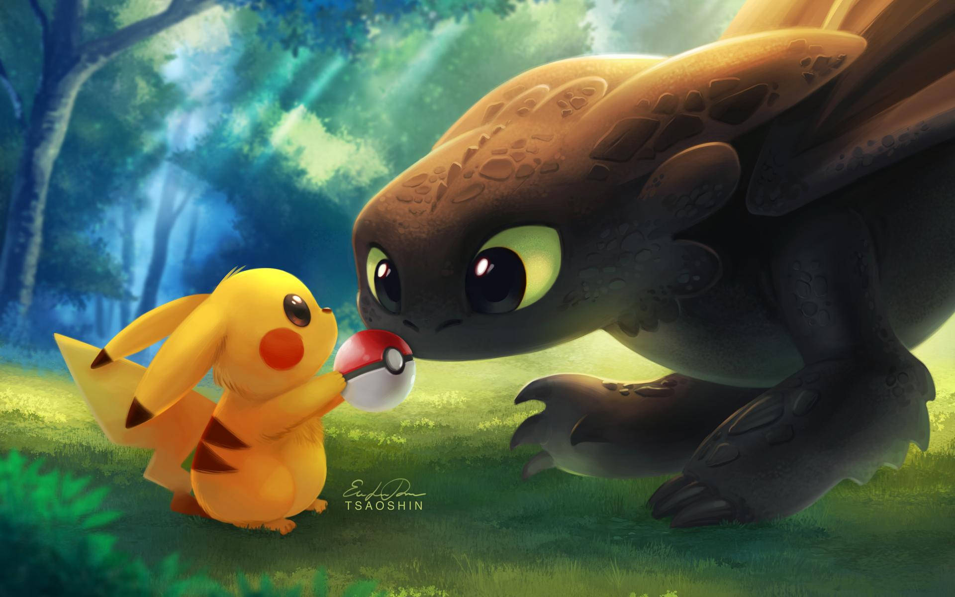 Kuonyesha Msaada kwa Hadithi Mbili za Maisha Halisi – Pikachu na Toothless. Picha ya Ukuta