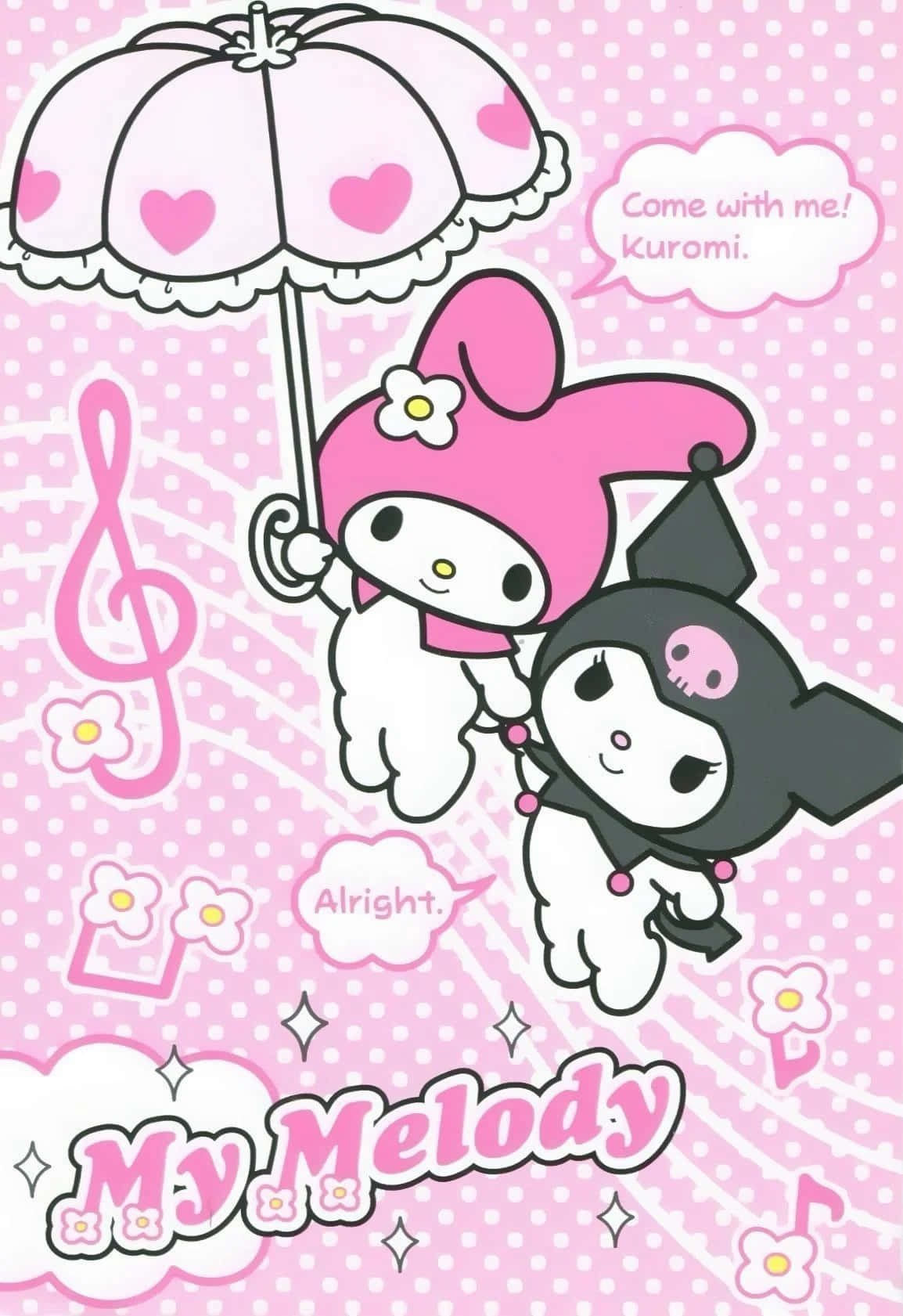 Kuromi and My Melody sharing a moment together Picha ya Ukuta