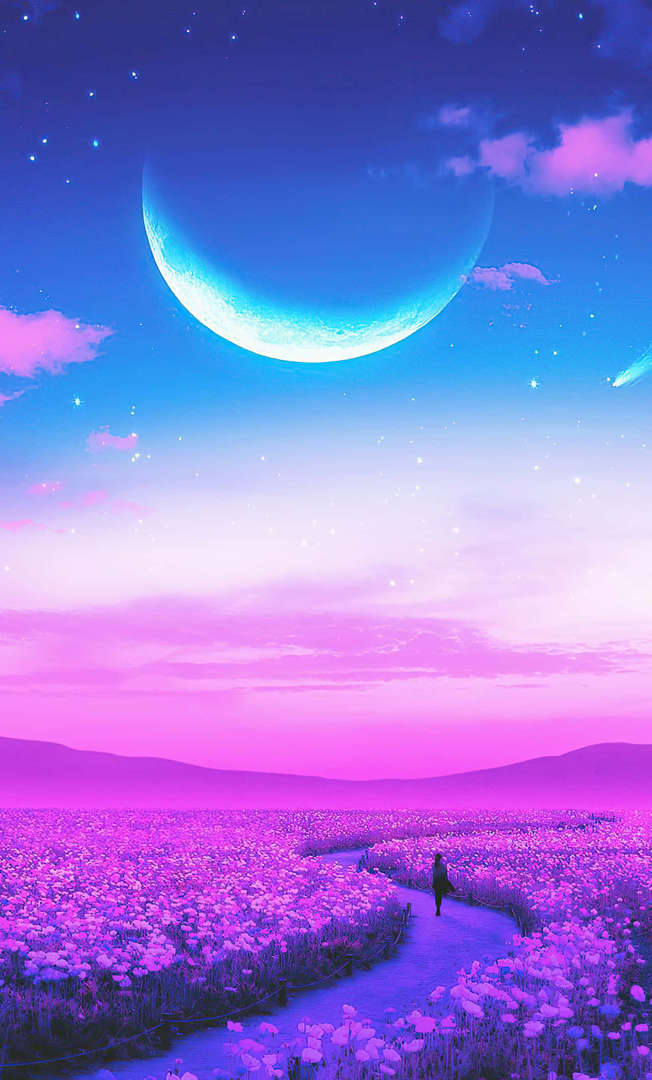 Kusafiri Pekee Kwenye Shamba la Lavender Art Picha ya Ukuta