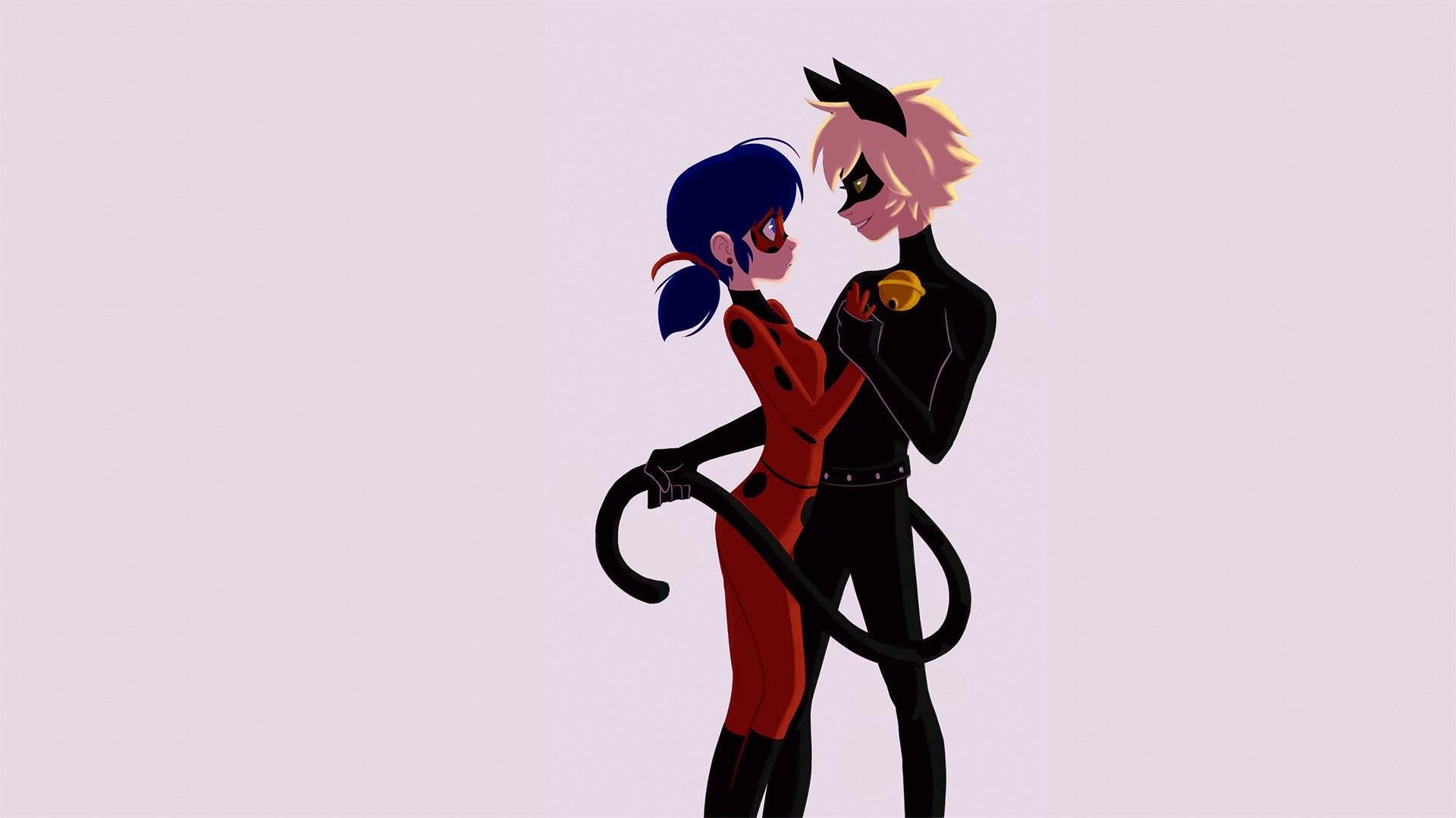 Ladybug na Cat Noir Wakibusu Wakicheza Picha ya Ukuta