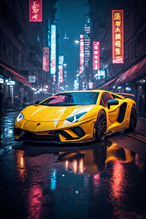 Lamborghini ya Njano ya Neon Usiku Mwanga wa Jiji wa Kisasa 4K Picha ya Ukuta