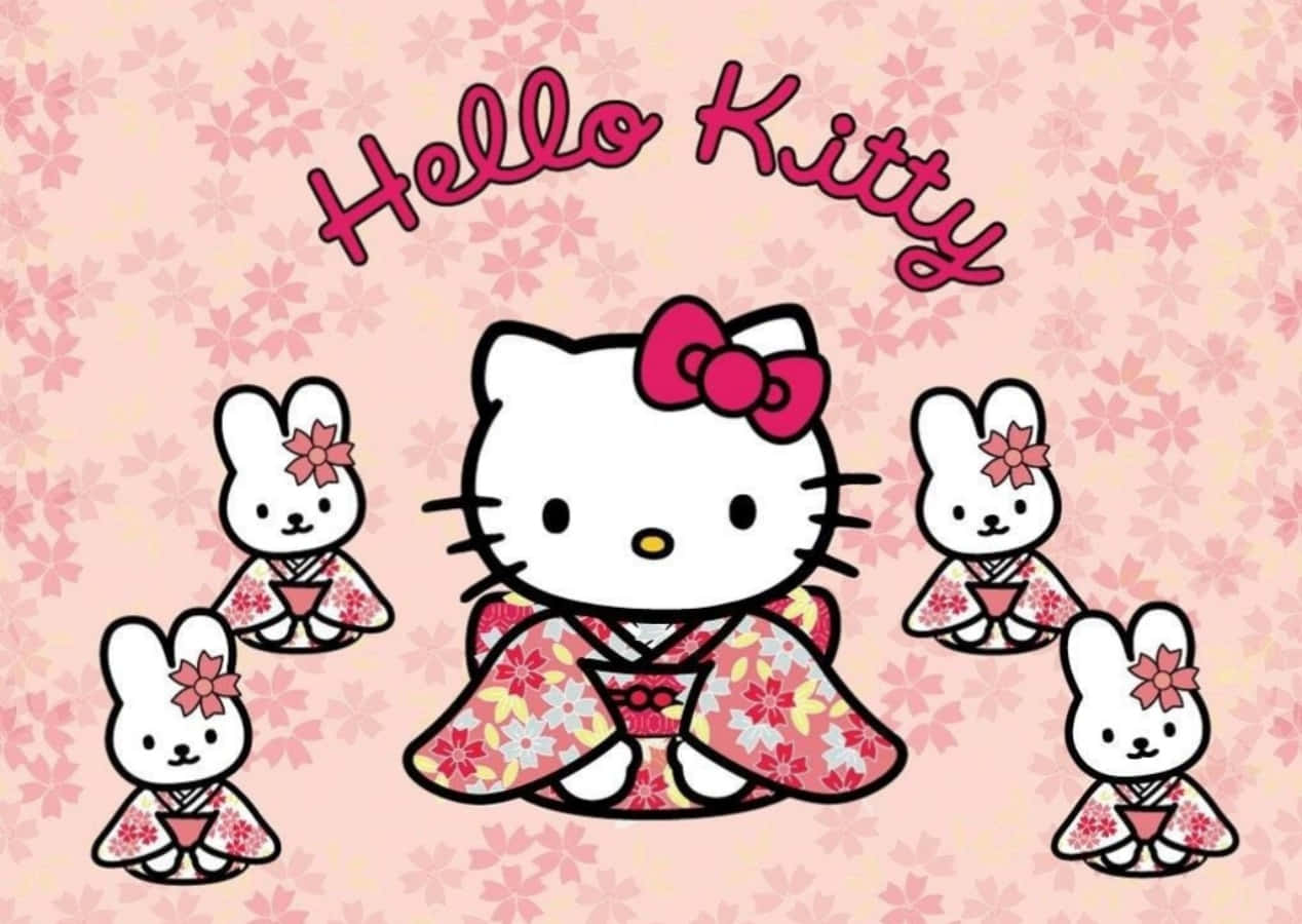 Laptop ya Hello Kitty na Sungura Wenye Kimono Picha ya Ukuta