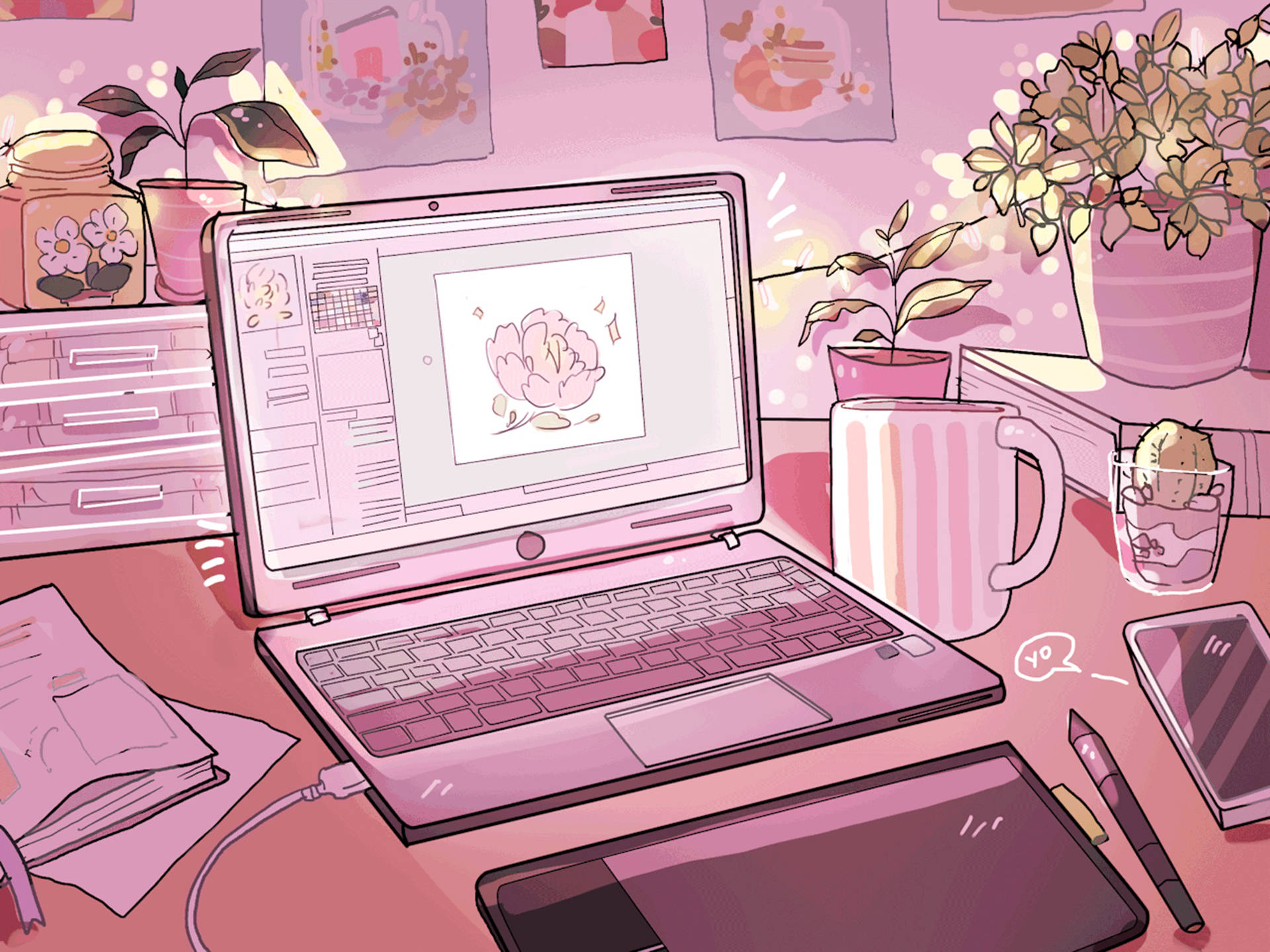 Laptop ya Pink Aesthetic Anime Picha ya Ukuta