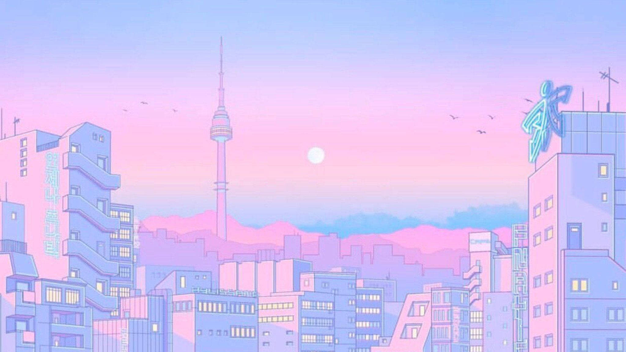 Laptop ya Tumblr yenye Mandhari ya Anga ya Waridi na Rangi za Pasteli Picha ya Ukuta