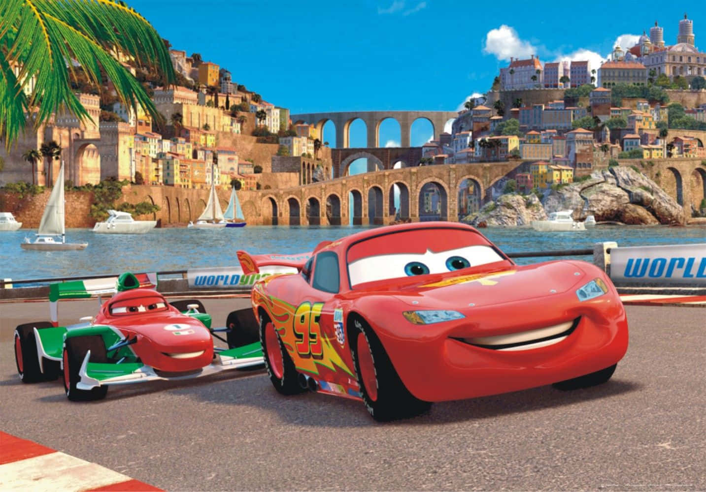 "Lightning McQueen na Mater Wako Tayari Kuchukua Ulimwengu na Timu ya Lightning" Picha ya Ukuta