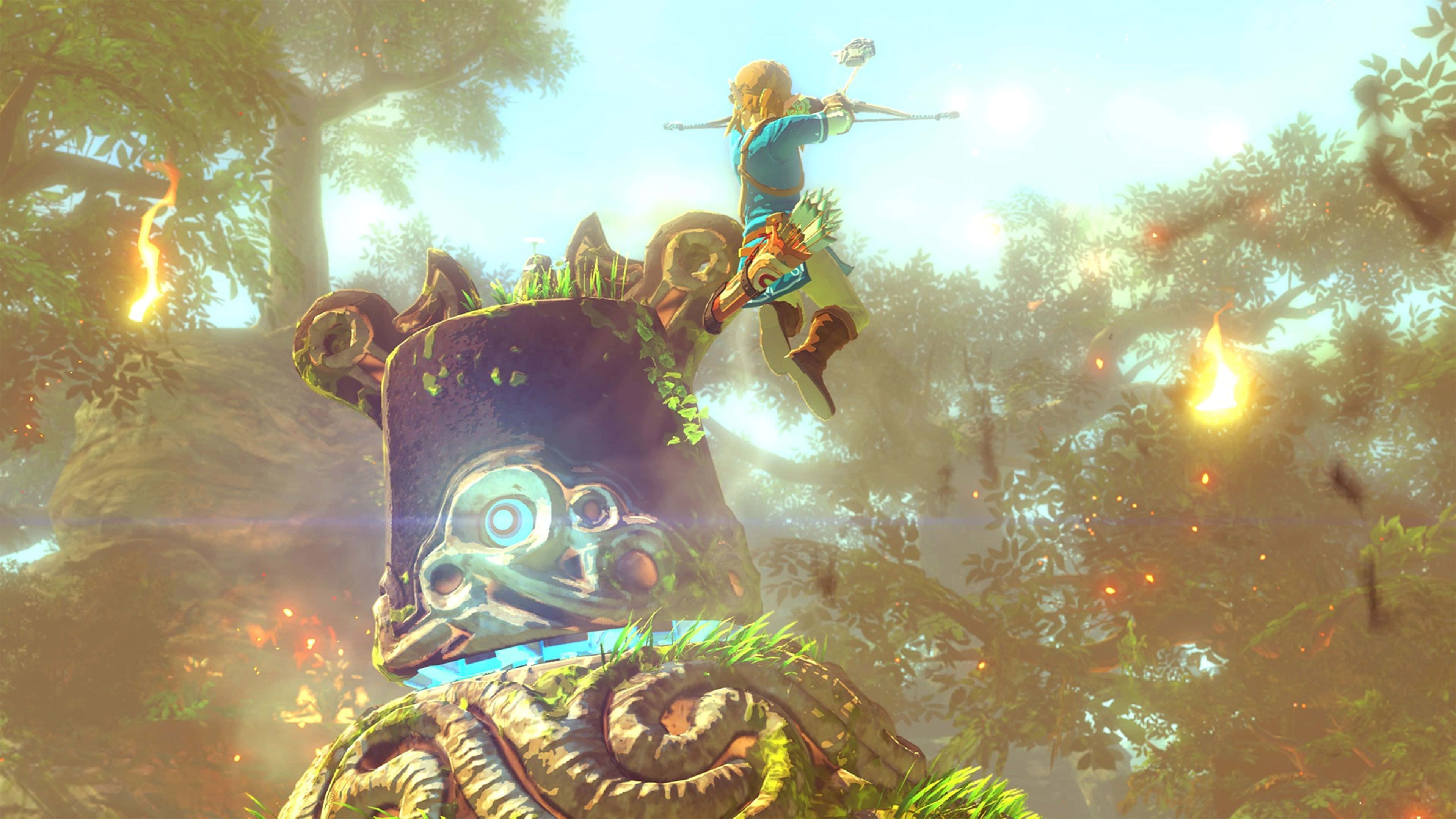 Link, shujaa wa wakati, akiwa ameshikilia Ocarina ya Wakati maarufu Picha ya Ukuta