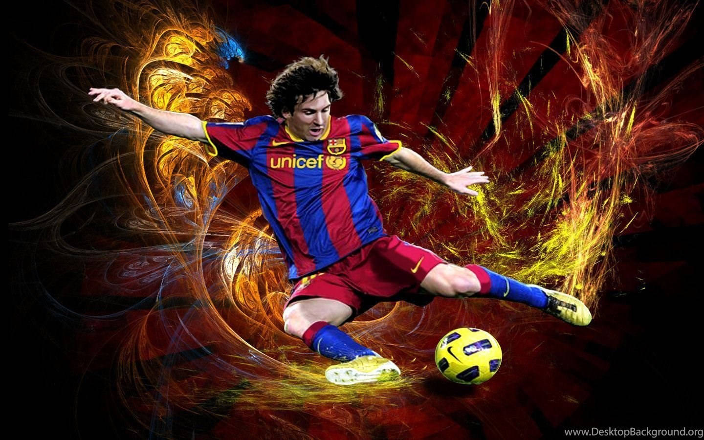 Lionel Messi akitoa mpira wake wenye nguvu kufunga goli Picha ya Ukuta