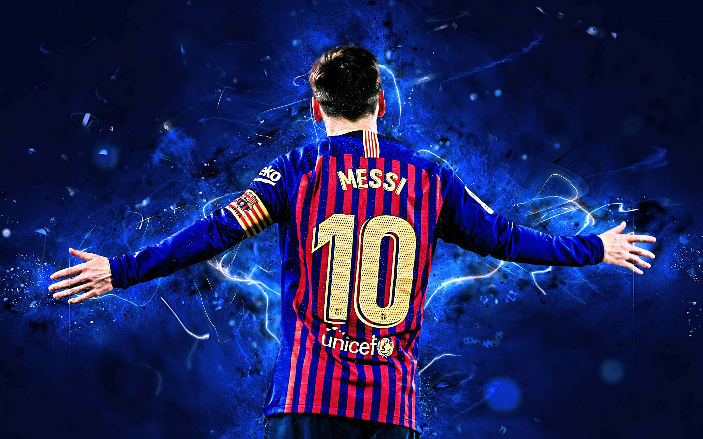 Lionel Messi anayembea kuzunguka mwenyewe akizungumzwa na mwisho wa mchana wa rangi. Picha ya Ukuta