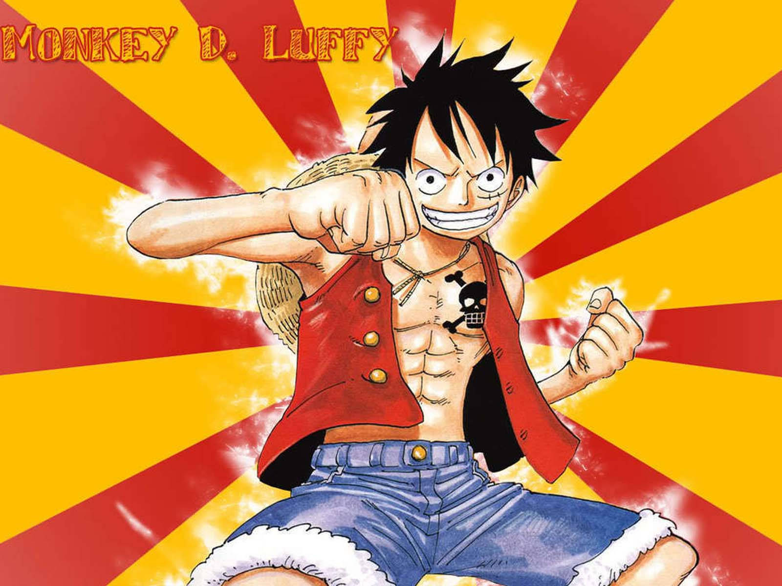 Luffy Amevaa Fulana Nyekundu na Kaptula za Denim Picha ya Ukuta