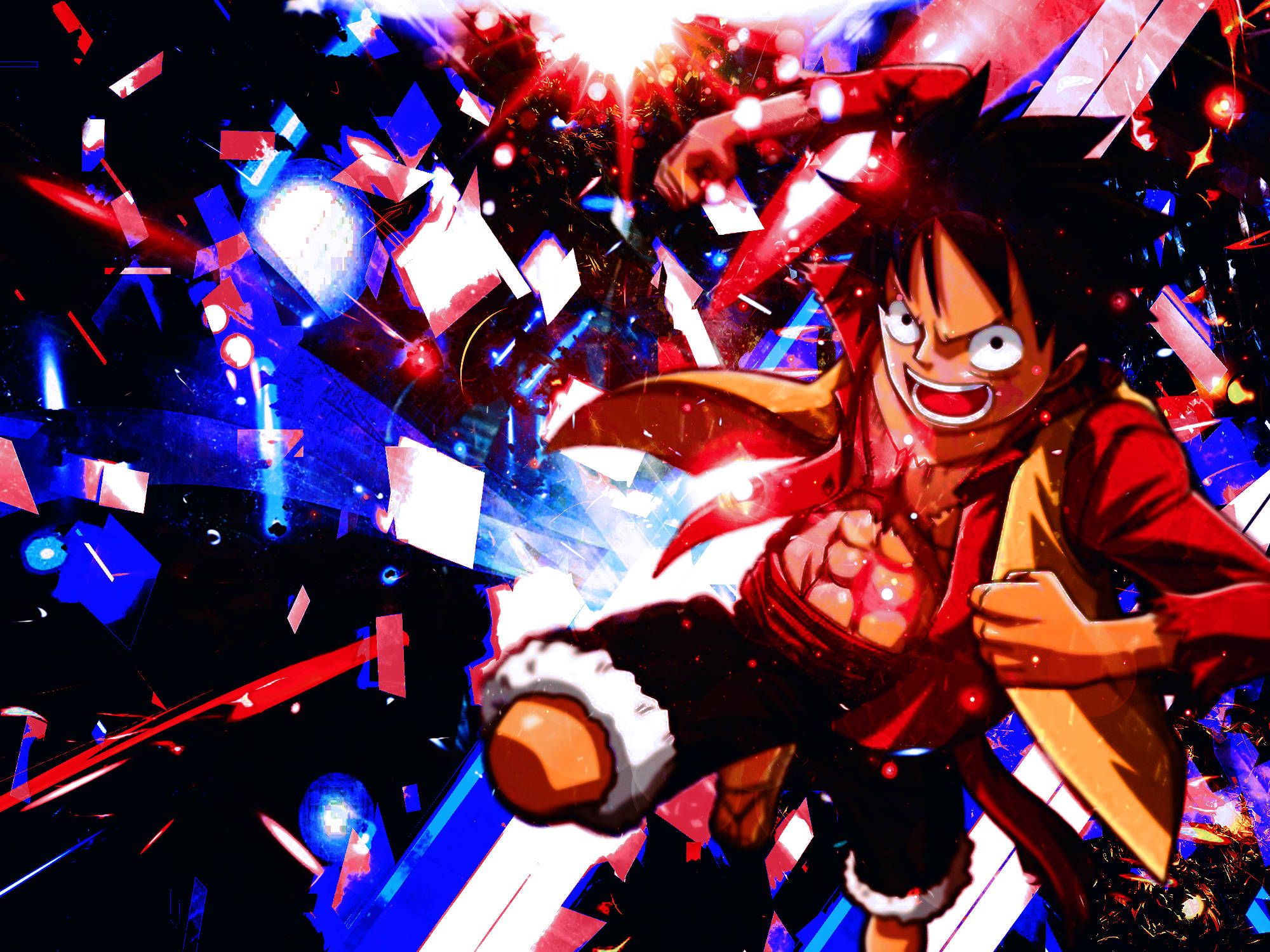 Luffy Kwenye Mandhari Nyekundu na Bluu Picha ya Ukuta