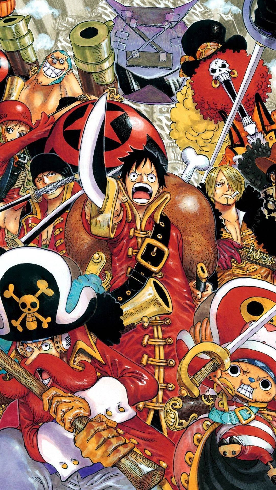 Luffy na kikundi chake cha Straw Hat kutoka mfululizo maarufu wa manga na anime One Piece Picha ya Ukuta