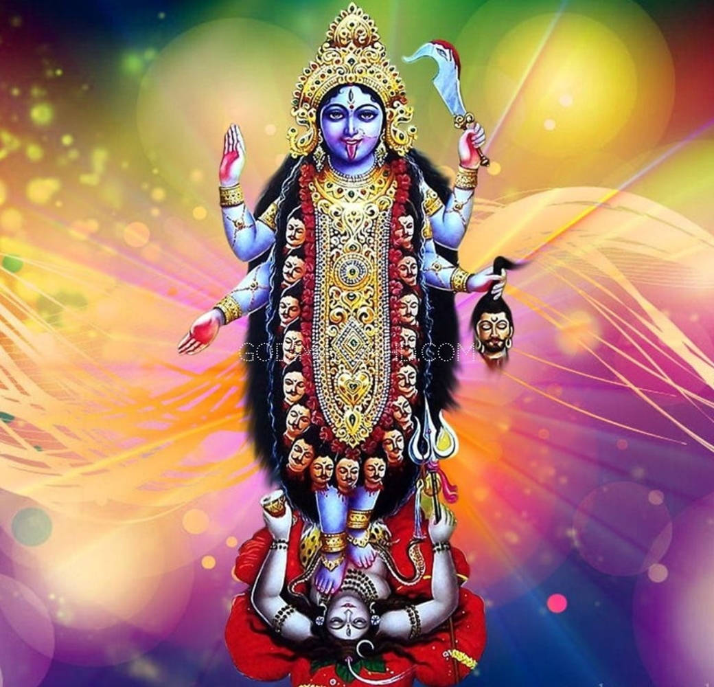 Maa Kali Mungu Akiwa Anacheza Juu ya Bwana Shiva - Urembo wa Upinde wa Mvua Picha ya Ukuta