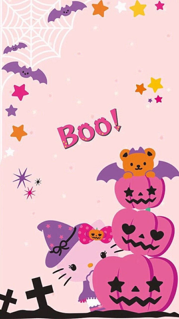 Maboga ya Pink ya Kawaii ya Halloween Picha ya Ukuta