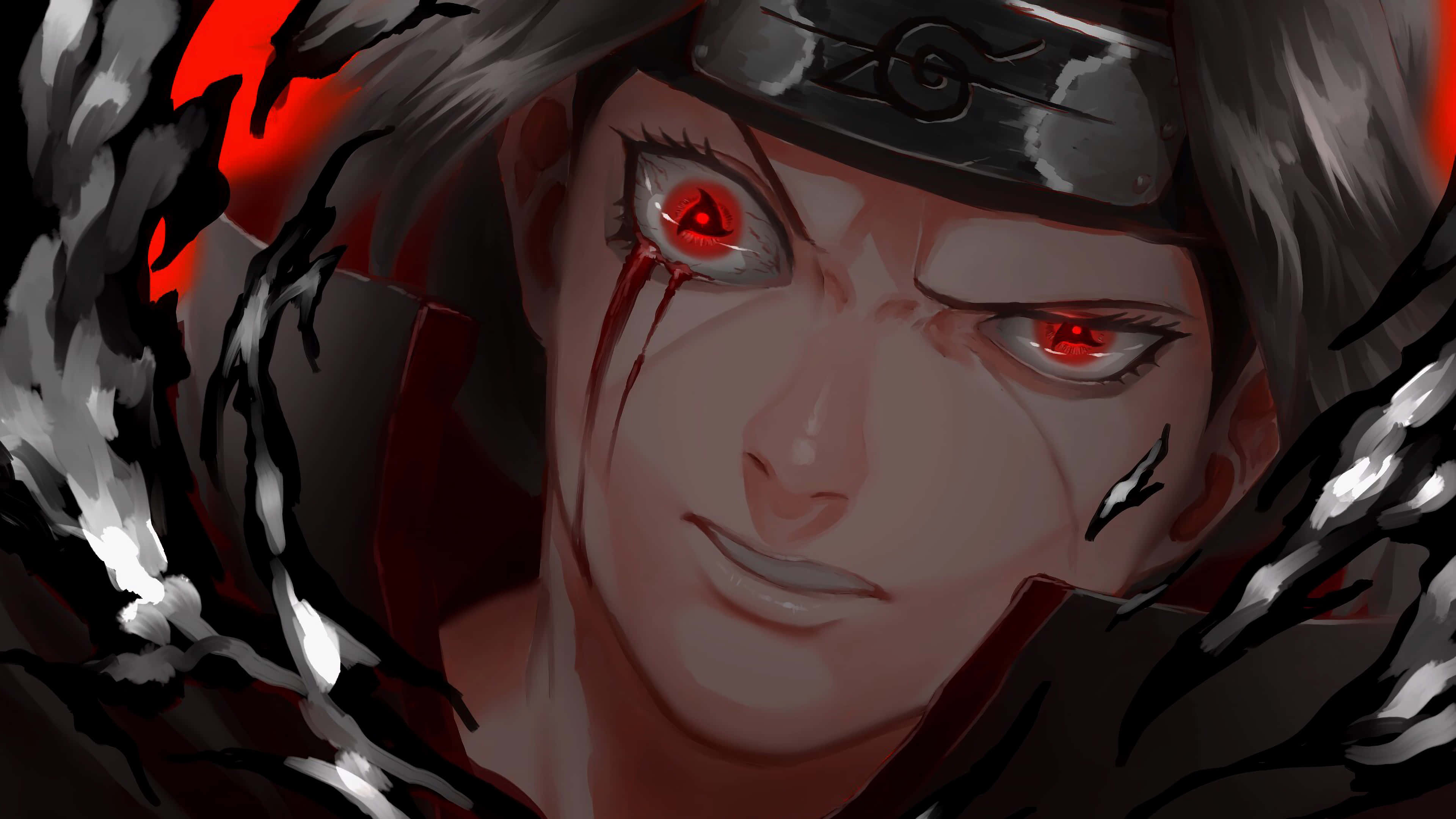 Macho ya Itachi Mangekyou Sharingan Yasiyo Sawa na Damu Picha ya Ukuta