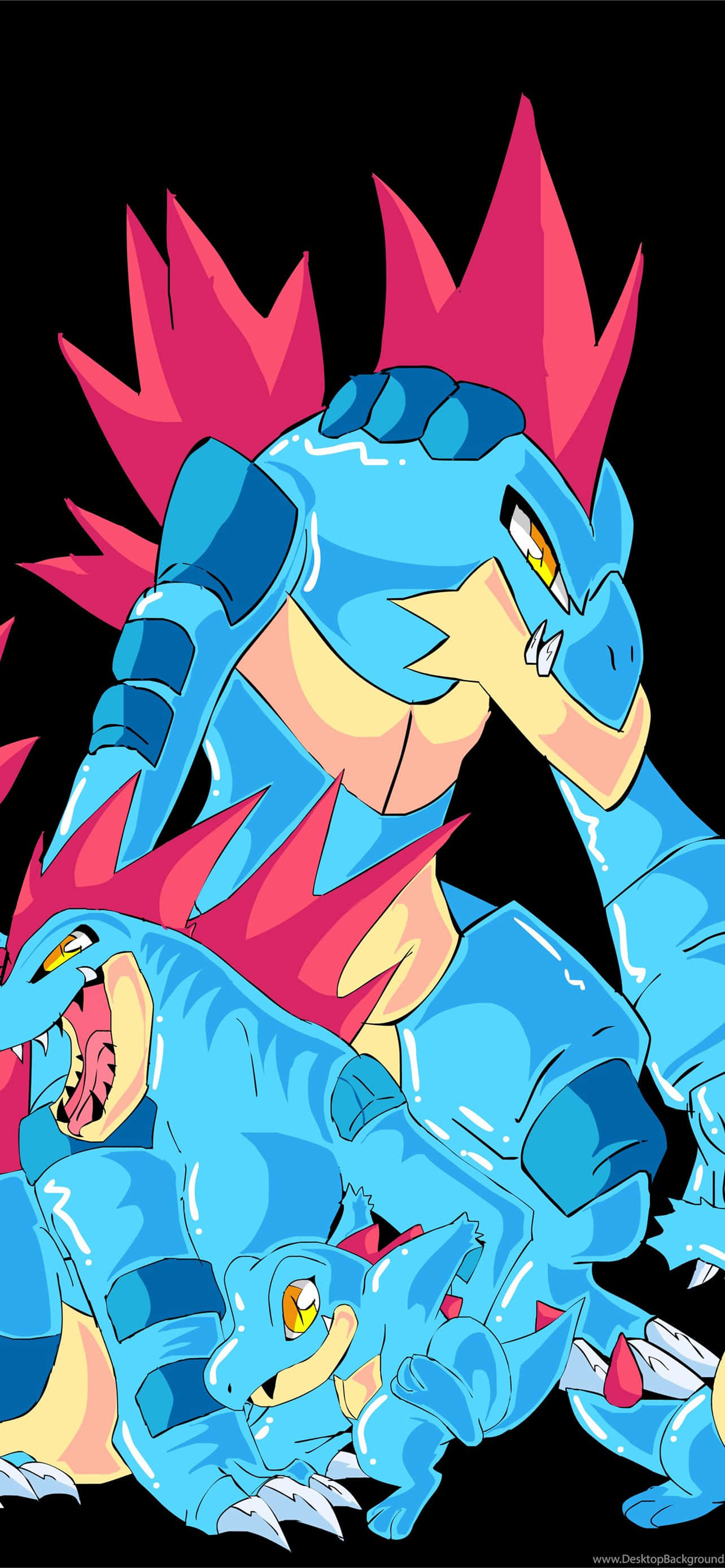 Mageuko ya Totodile - Picha za Totodile, Croconaw, na Feraligatr kwa Rangi Nyeusi Picha ya Ukuta
