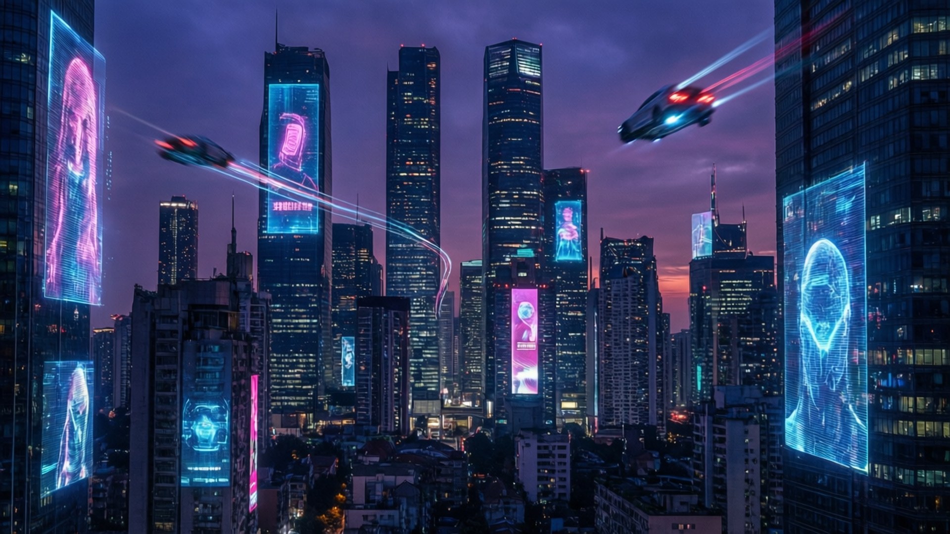 Majengo ya Jiji la Cyberpunk Wakati wa Jioni Picha ya Ukuta