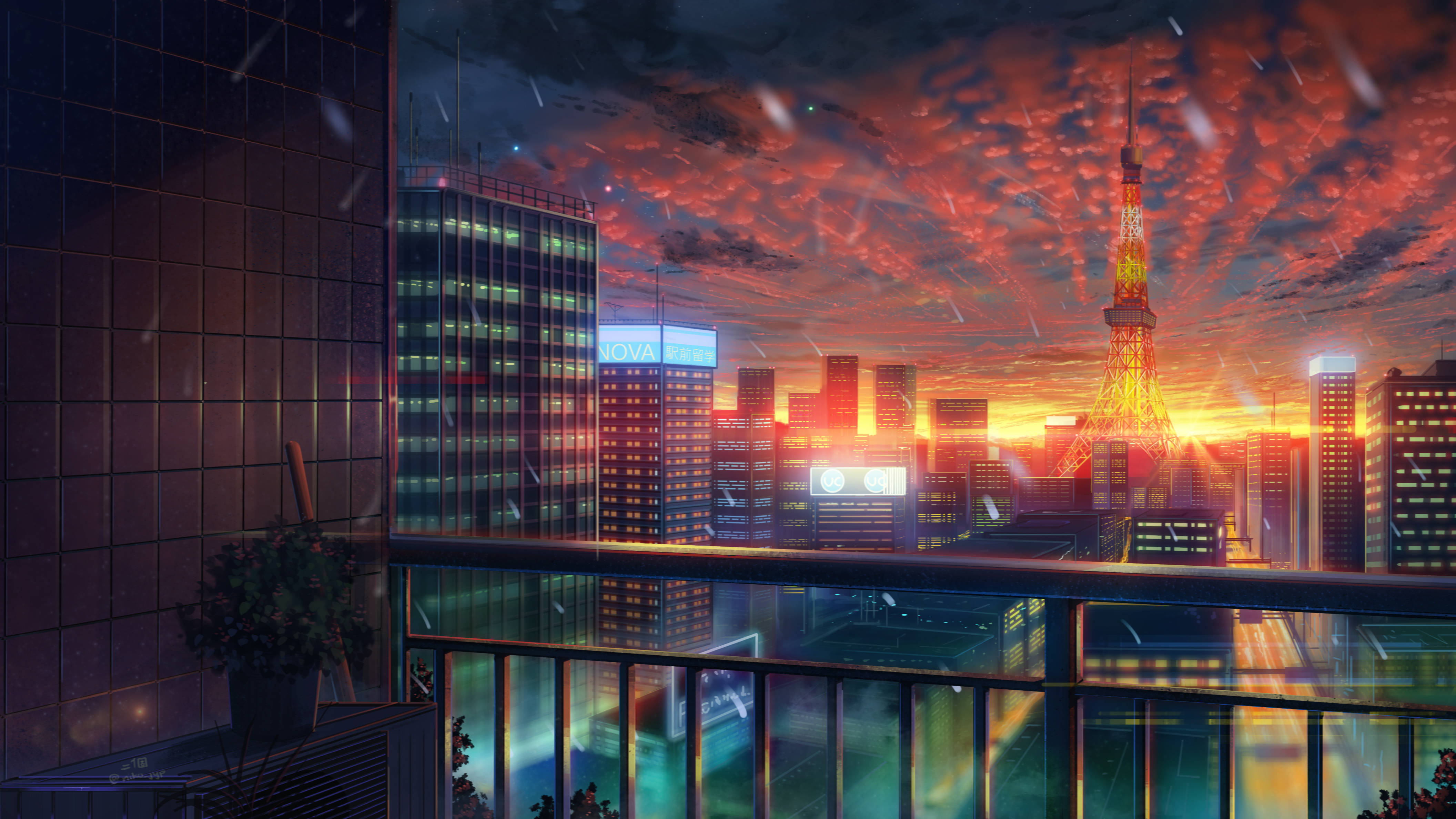 Majengo ya Jioni ya Anime 4K Picha ya Ukuta