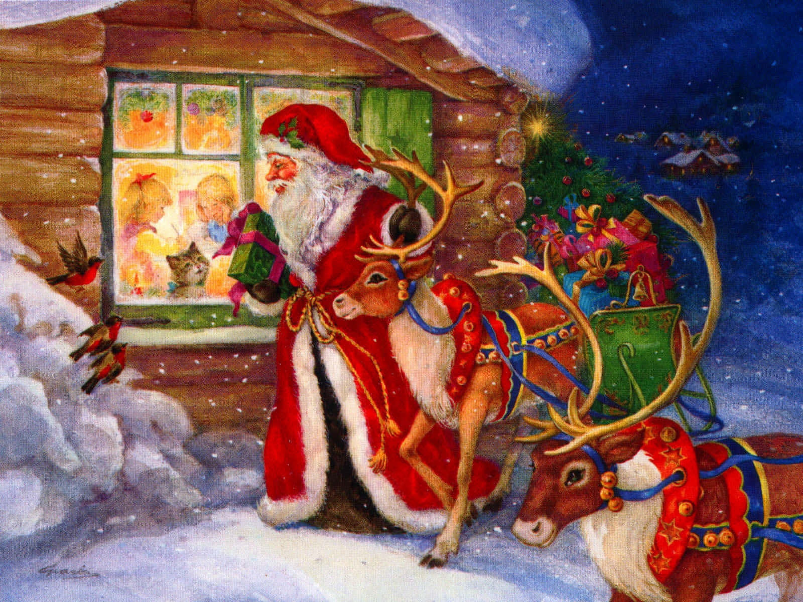 Mandhari Bure ya Krismasi ya Picha ya Santa na Reindeers Wake Picha ya Ukuta