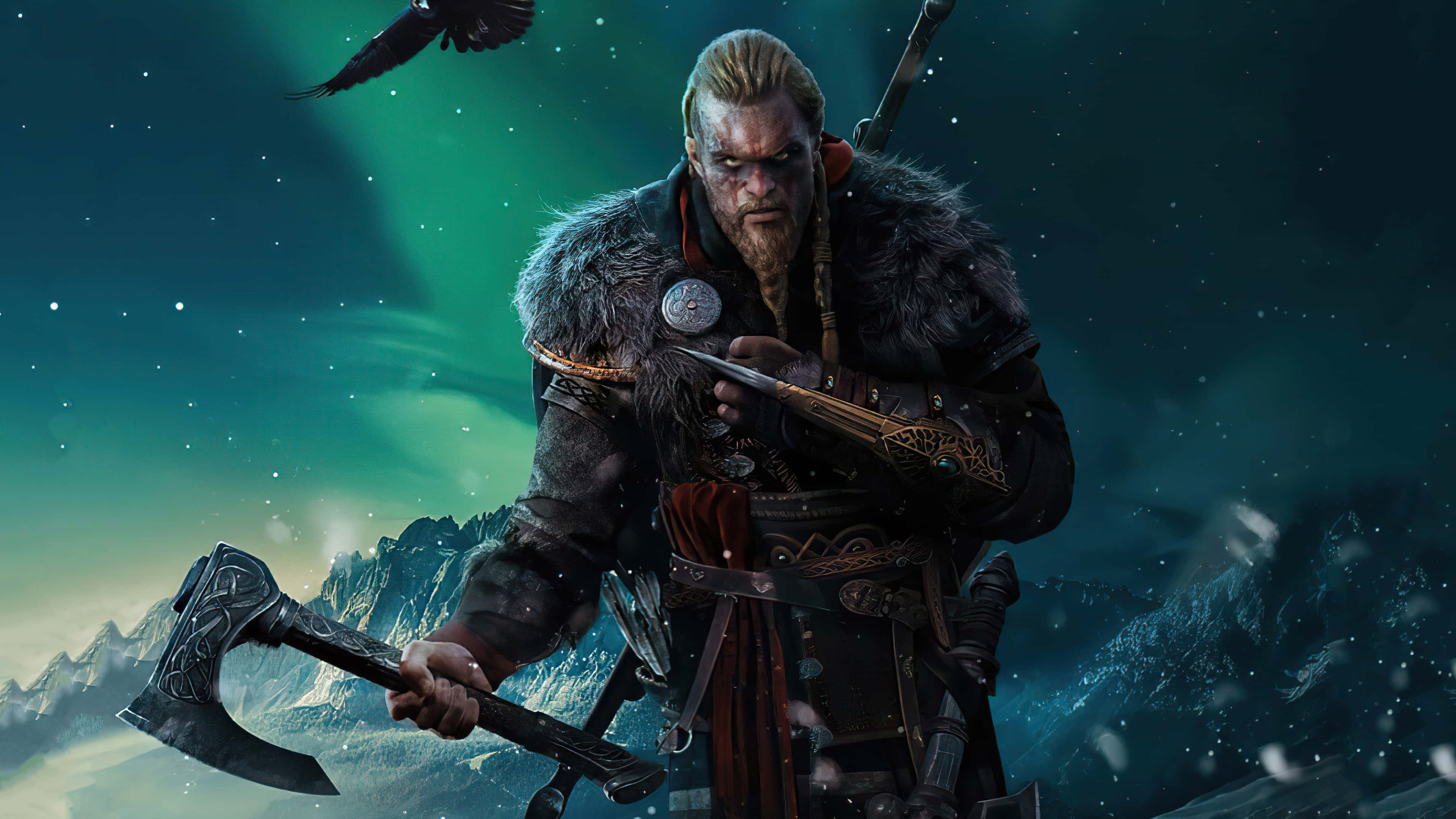 Mandhari ya 4K ya Assassin's Creed Valhalla Eivor Akiwa na Shoka Picha ya Ukuta