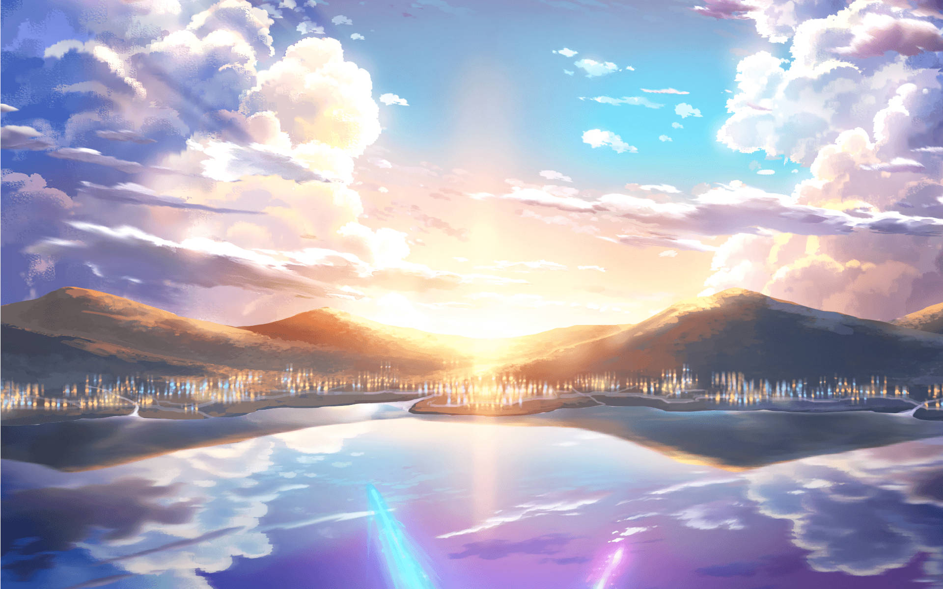 Mandhari ya Anime ya Jua Kuchomoza Milimani Picha ya Ukuta