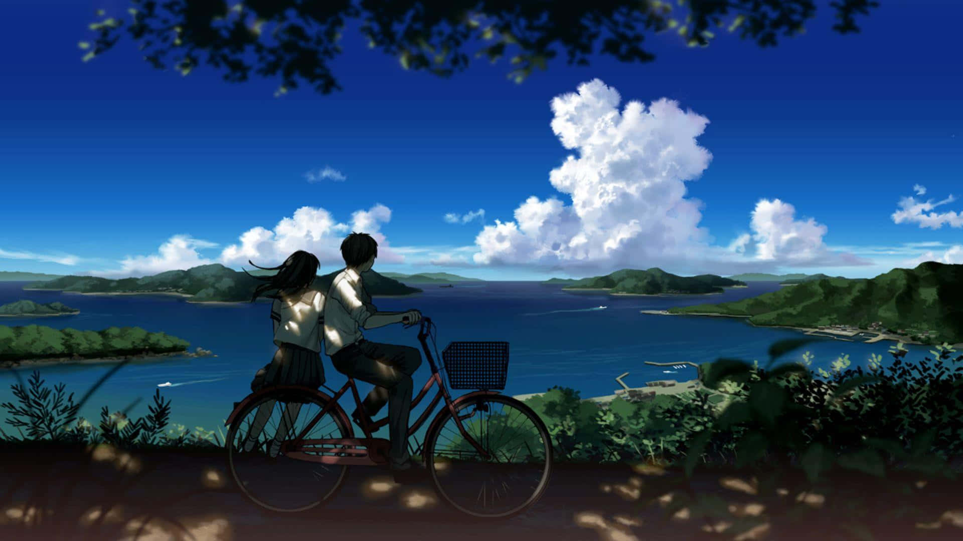 Mandhari ya Anime ya Kupendeza na Miti ya Sakura Picha ya Ukuta