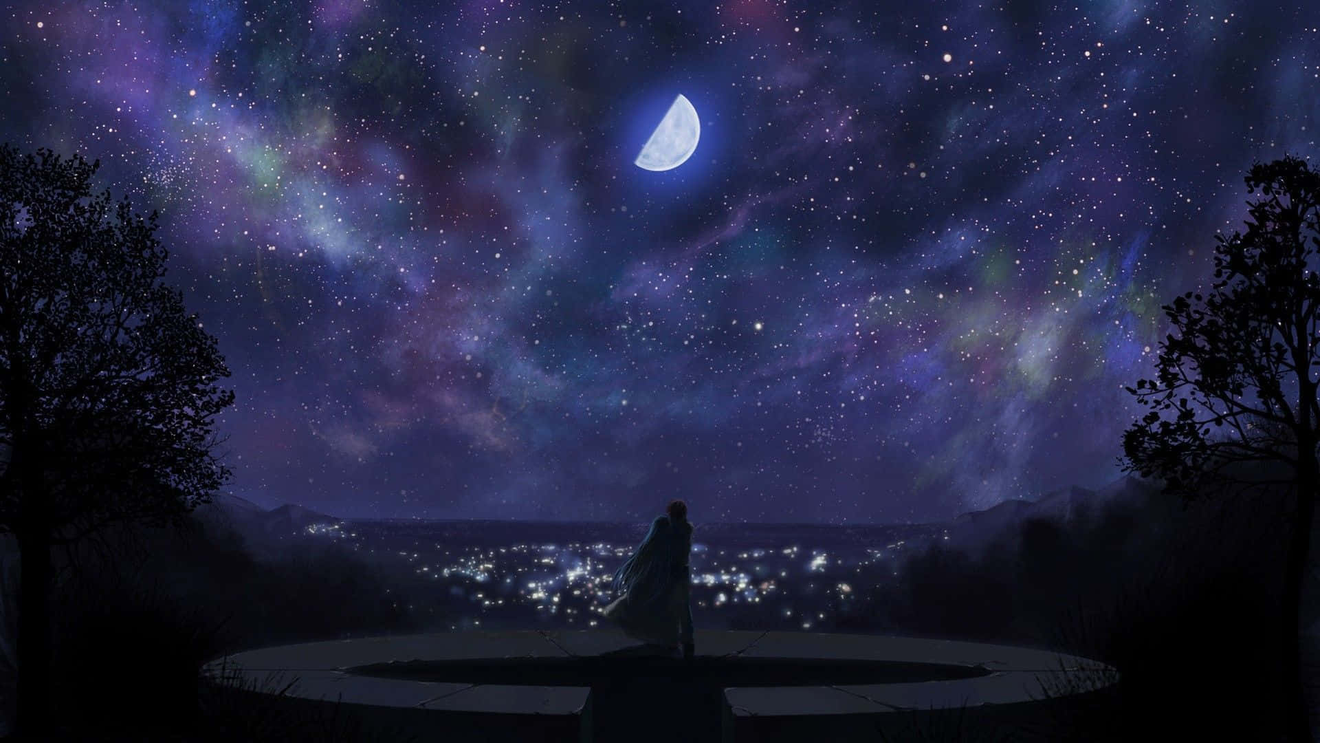 Mandhari ya Anime ya Kupendeza na Mti wa Sakura Picha ya Ukuta
