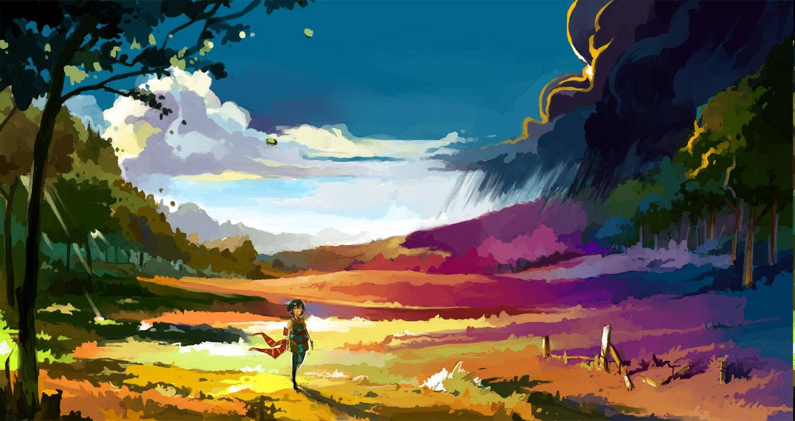 Mandhari ya Anime ya Nyasi yenye Rangi Nyororo Picha ya Ukuta