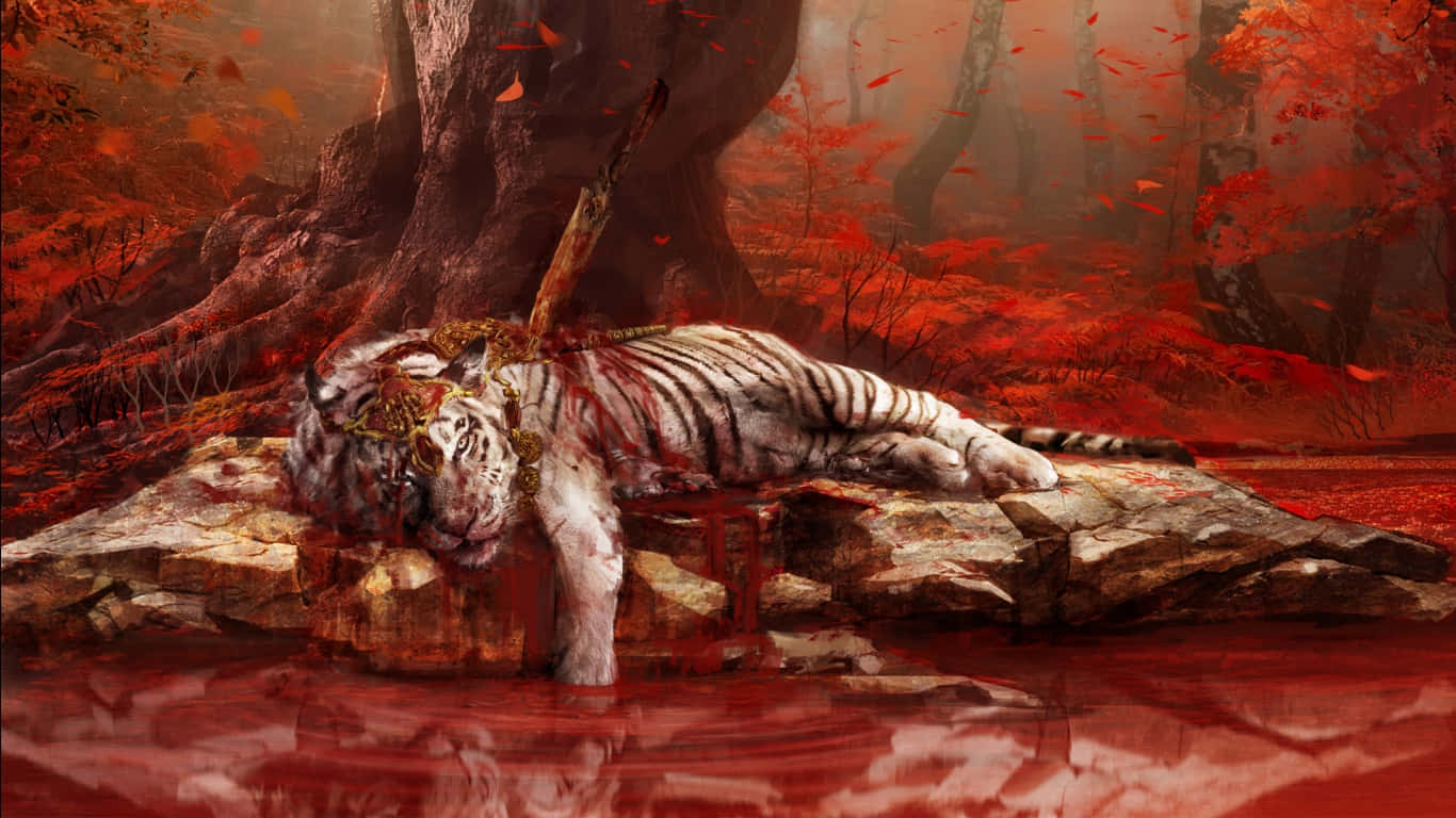 Mandhari ya Far Cry 4 1366x768 ya Tiger Anayekufa Kwa Damu Picha ya Ukuta