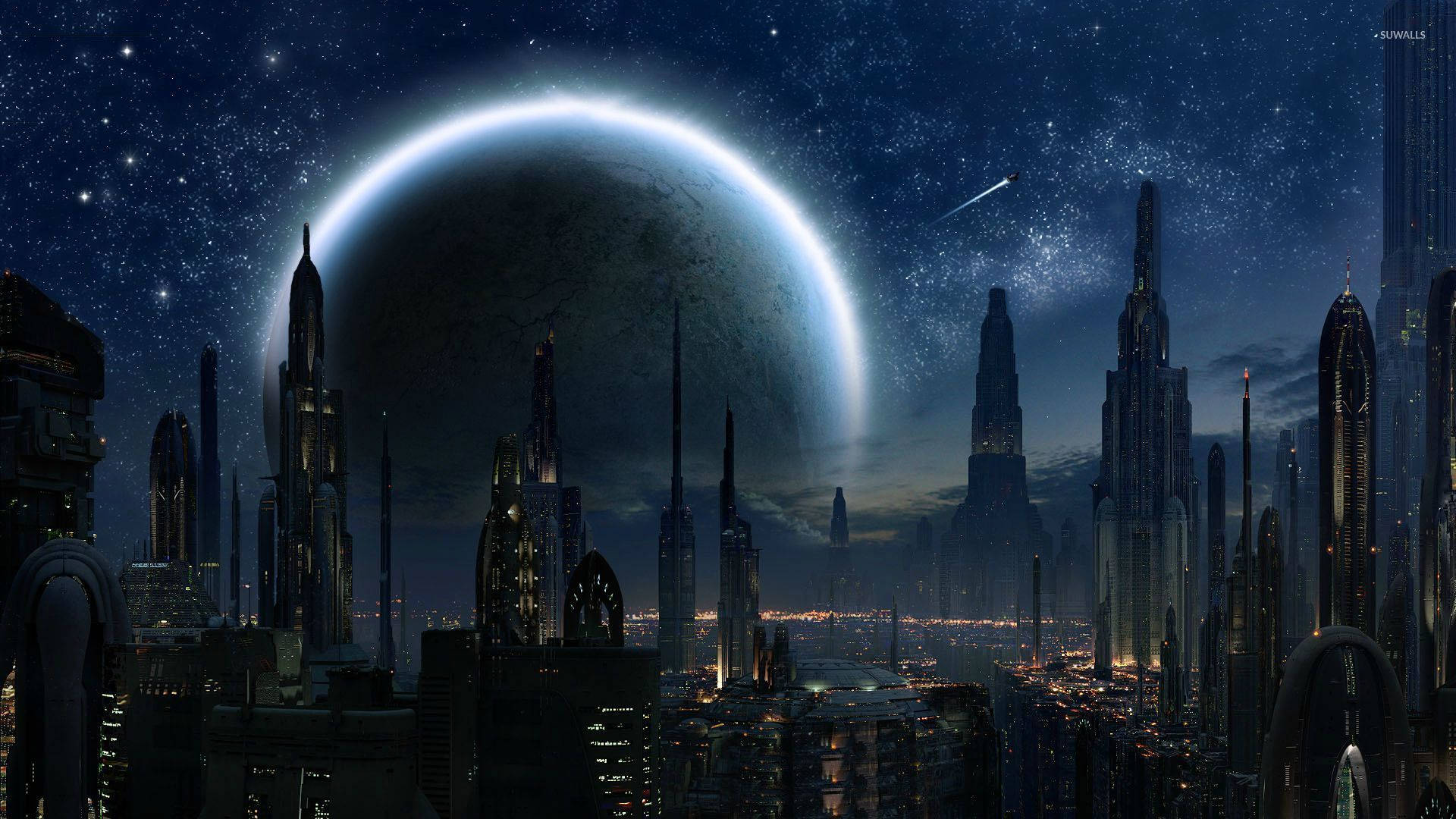 Mandhari ya Jiji la Coruscant yenye Uhai Picha ya Ukuta