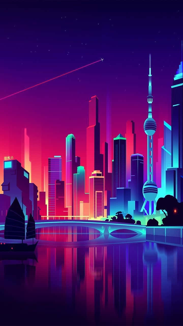 Mandhari ya jiji lenye taa za neon na mashua Picha ya Ukuta