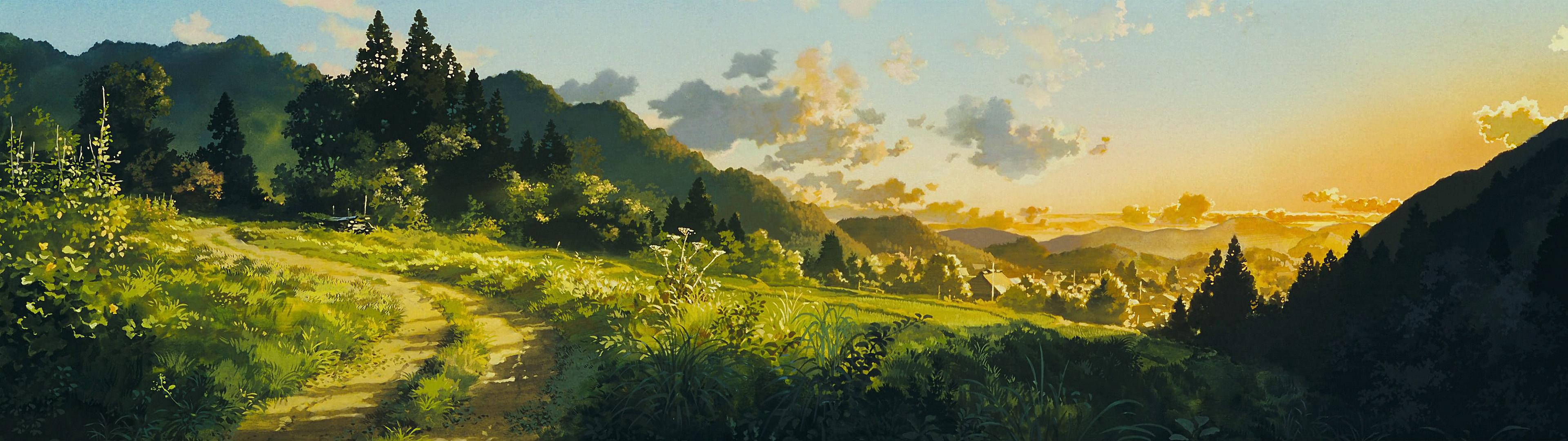Mandhari ya kijani kibichi yaliyochochewa na anime, kamili kwa ajili ya picha ya mandhari ya skrini mbili Picha ya Ukuta