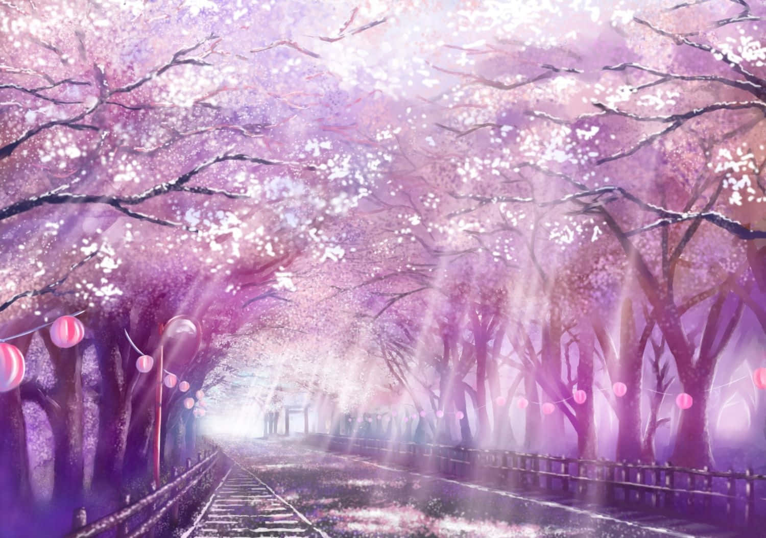Mandhari ya Kimapenzi ya Miti ya Sakura ya Pink ya Anime Picha ya Ukuta