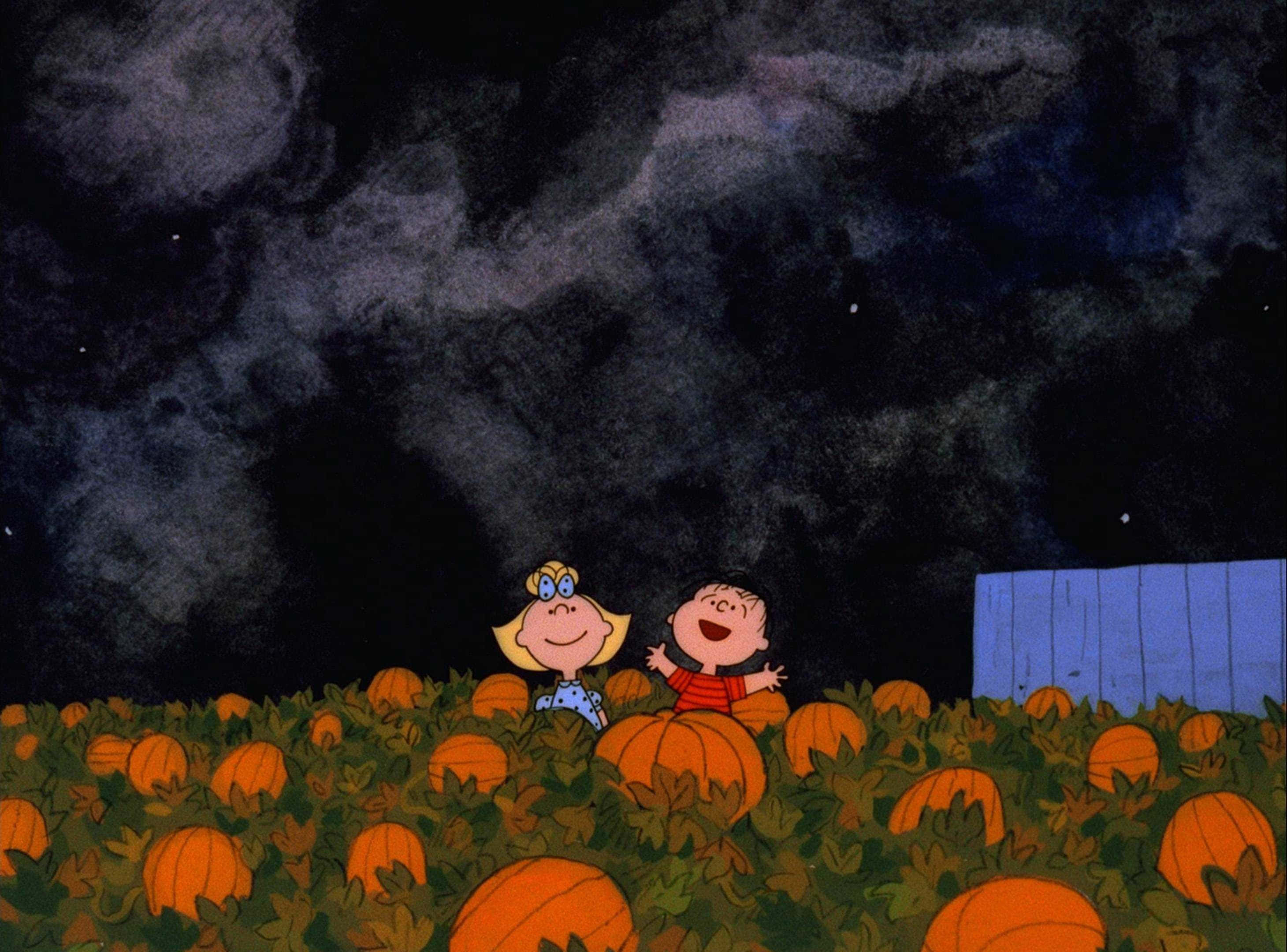 Mandhari ya Kimazingira ya Halloween ya Shamba la Maboga Wahusika wa Peanuts Picha ya Ukuta