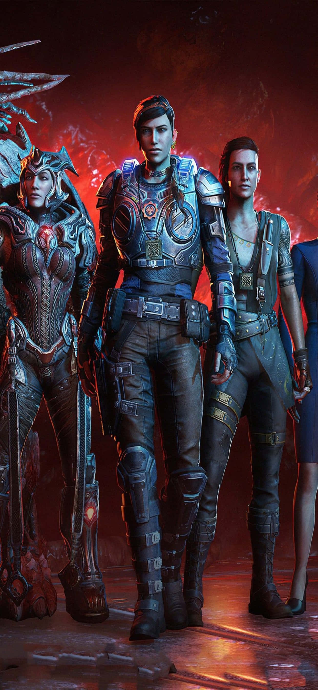 Mandhari ya Kipekee ya Mchezo Inayowakilisha iPhone Xs Max na Mandhari ya Gears of War 5 Picha ya Ukuta