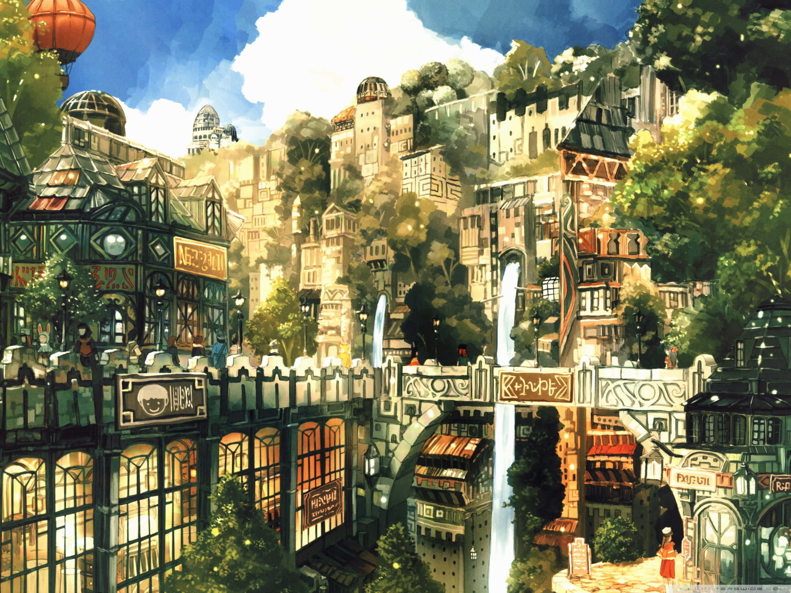 Mandhari ya kupendeza ya Anime City Picha ya Ukuta