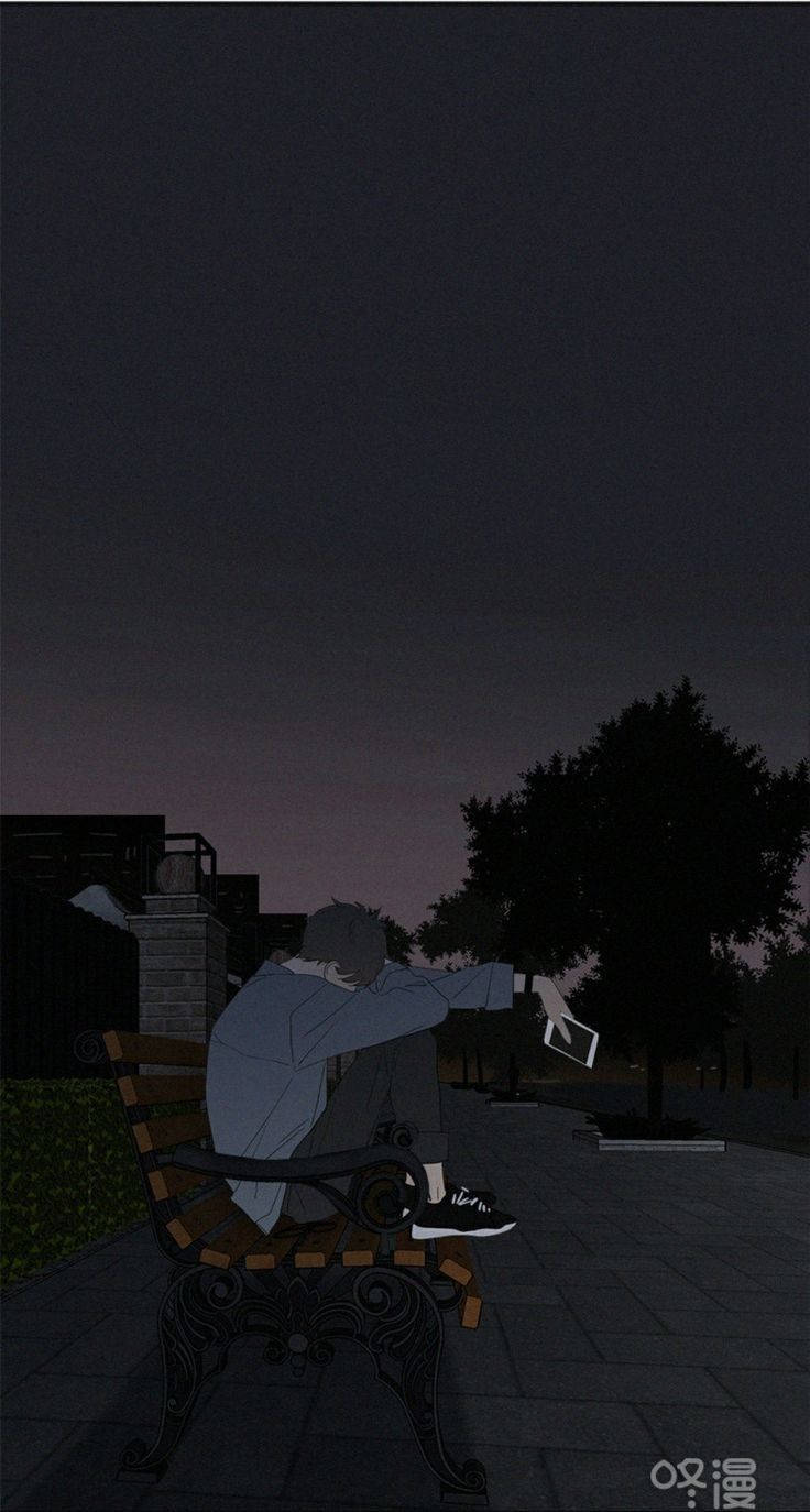 Mandhari ya Kusikitisha ya Anime: Mtu Mmoja Pekee Kwenye Benchi la Hifadhi Picha ya Ukuta