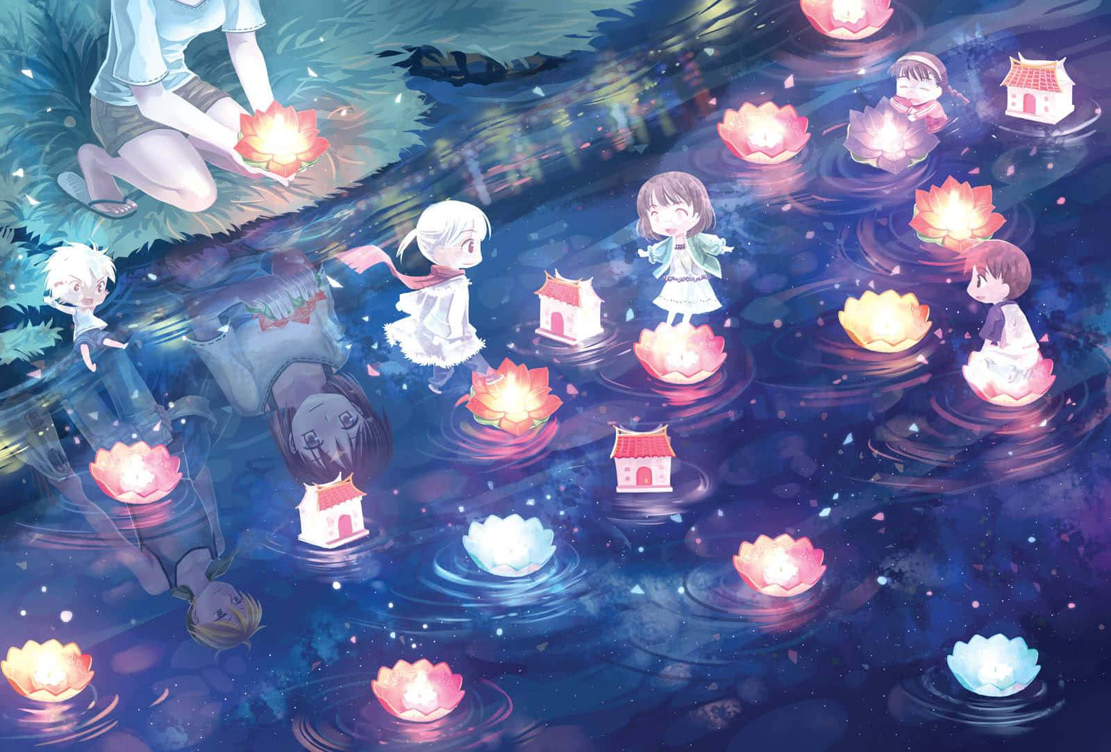Mandhari ya Kuvutia ya Anime na Visiwa Vinavyoyangaza Picha ya Ukuta