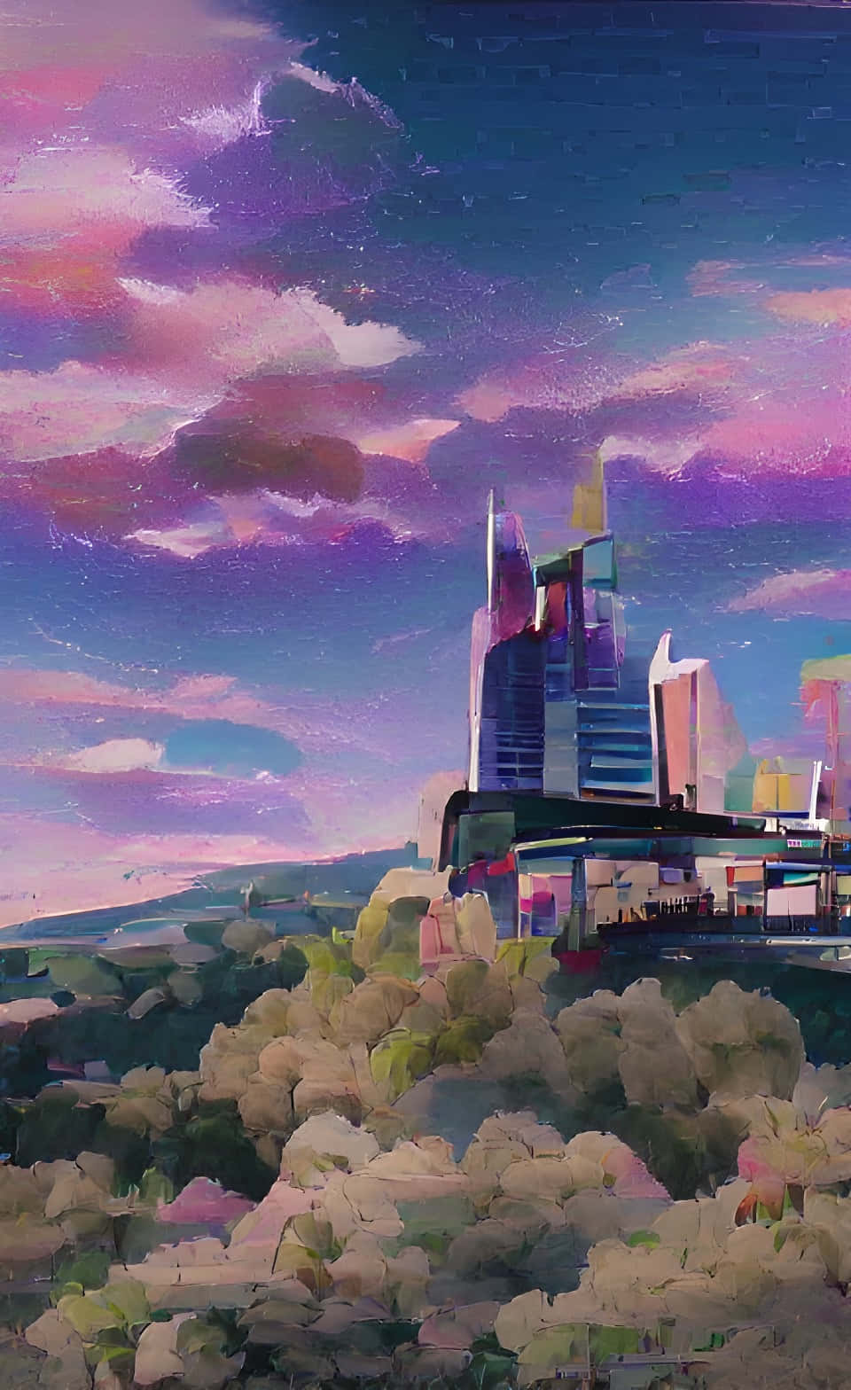 Mandhari ya Kuvutia ya Jiji la Anime Wakati wa Jioni Picha ya Ukuta