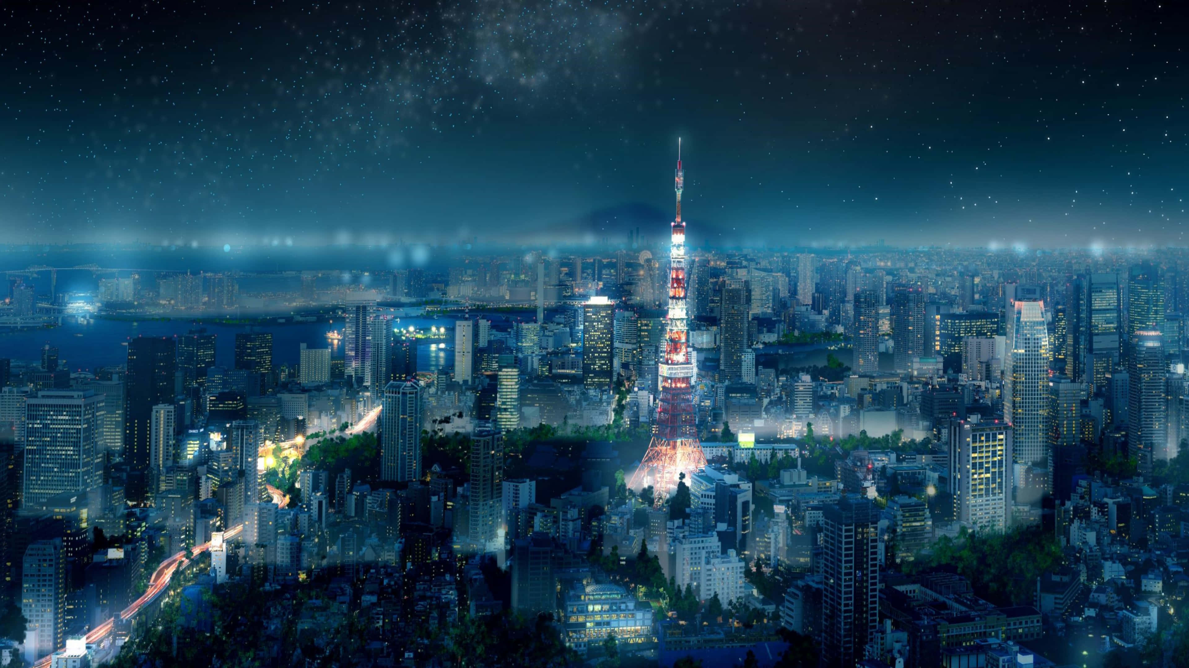 Mandhari ya kuvutia ya Tokyo usiku yenye mguso wa anime Picha ya Ukuta