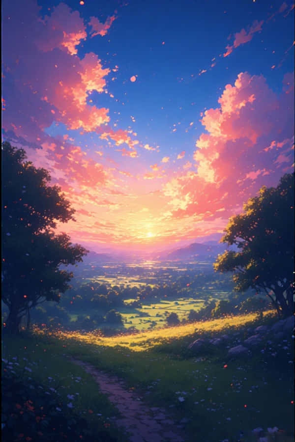 Mandhari ya Mashambani ya Anime Jua Kutua 4K Picha ya Ukuta