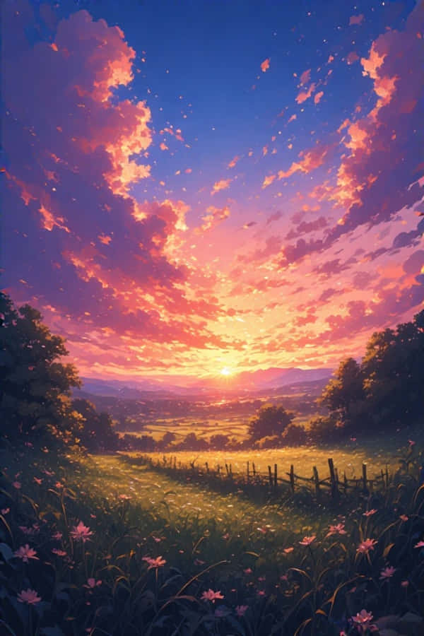 Mandhari ya Mashambani ya Anime Jua Linachomoza 4K Picha ya Ukuta