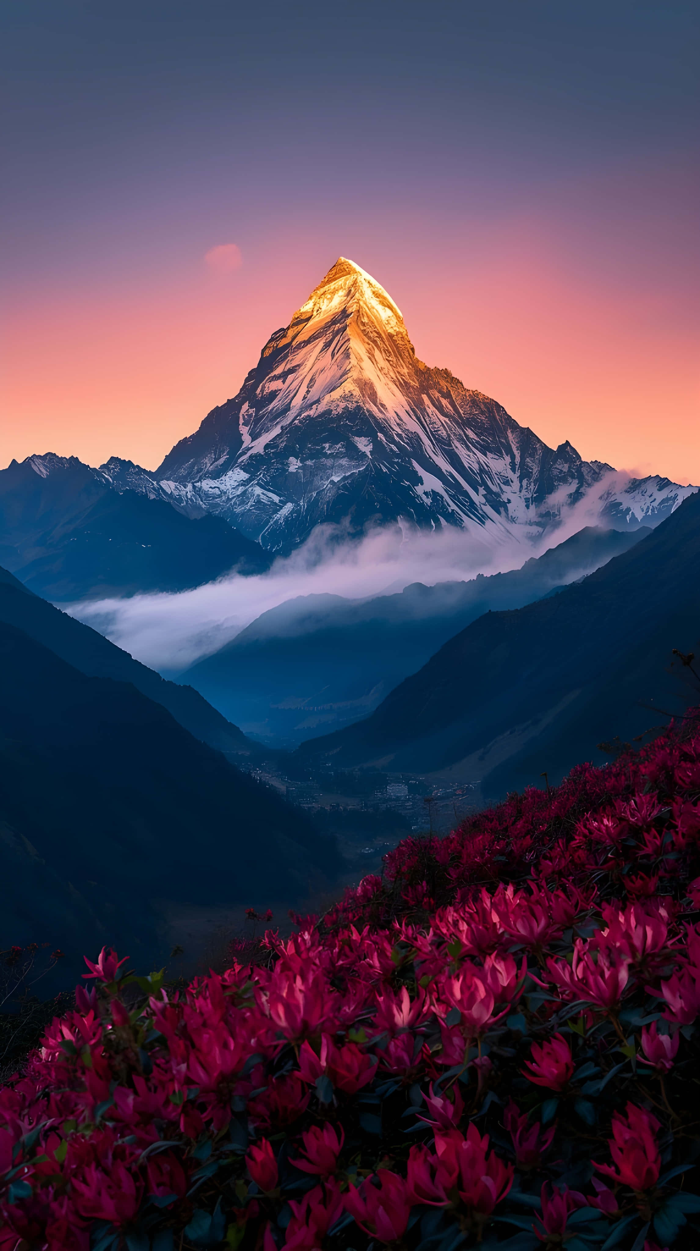 Mandhari ya Mawio ya Himalaya yenye Mimea ya Pink Picha ya Ukuta