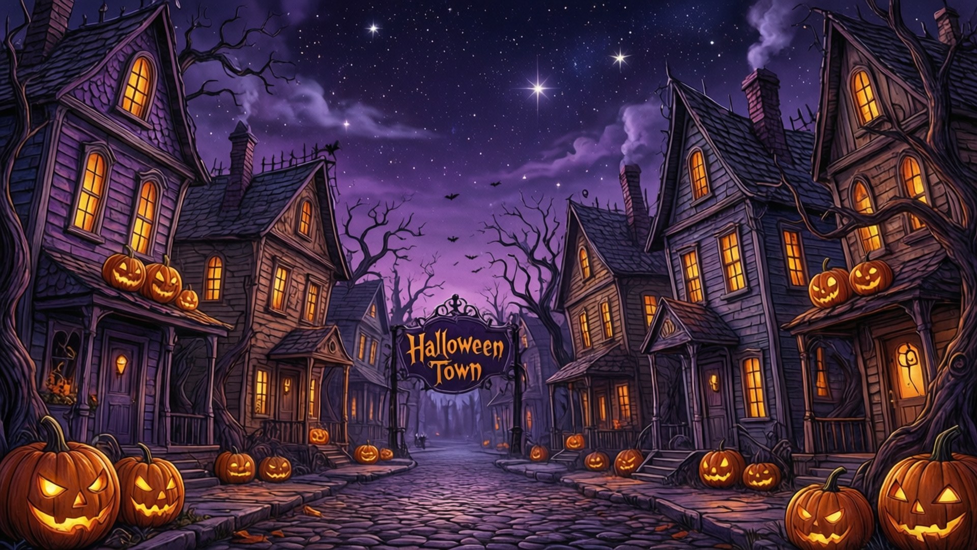 Mandhari ya Mji wa Halloween Picha ya Ukuta