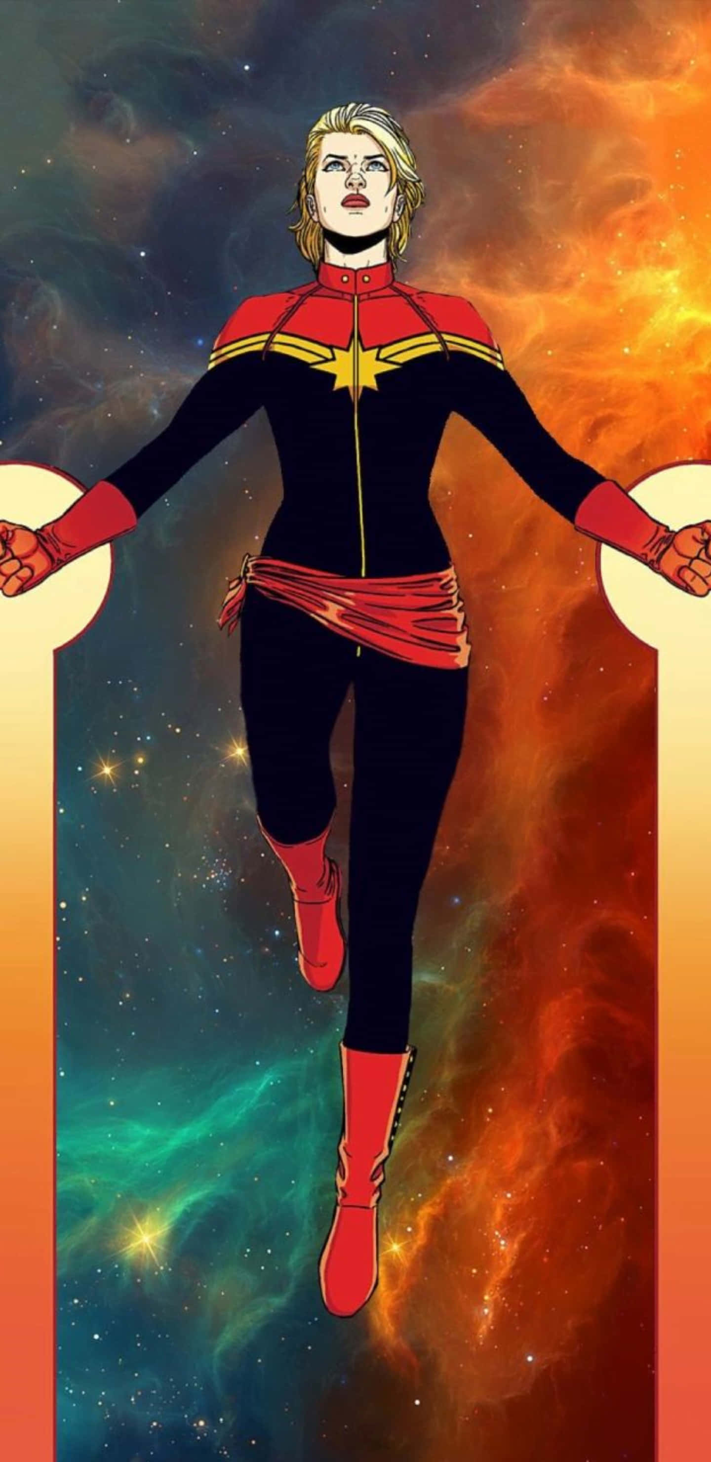 Mandhari ya Pixel 3xl ya Kapteni Marvel Akiruka Katika Galaxy Picha ya Ukuta